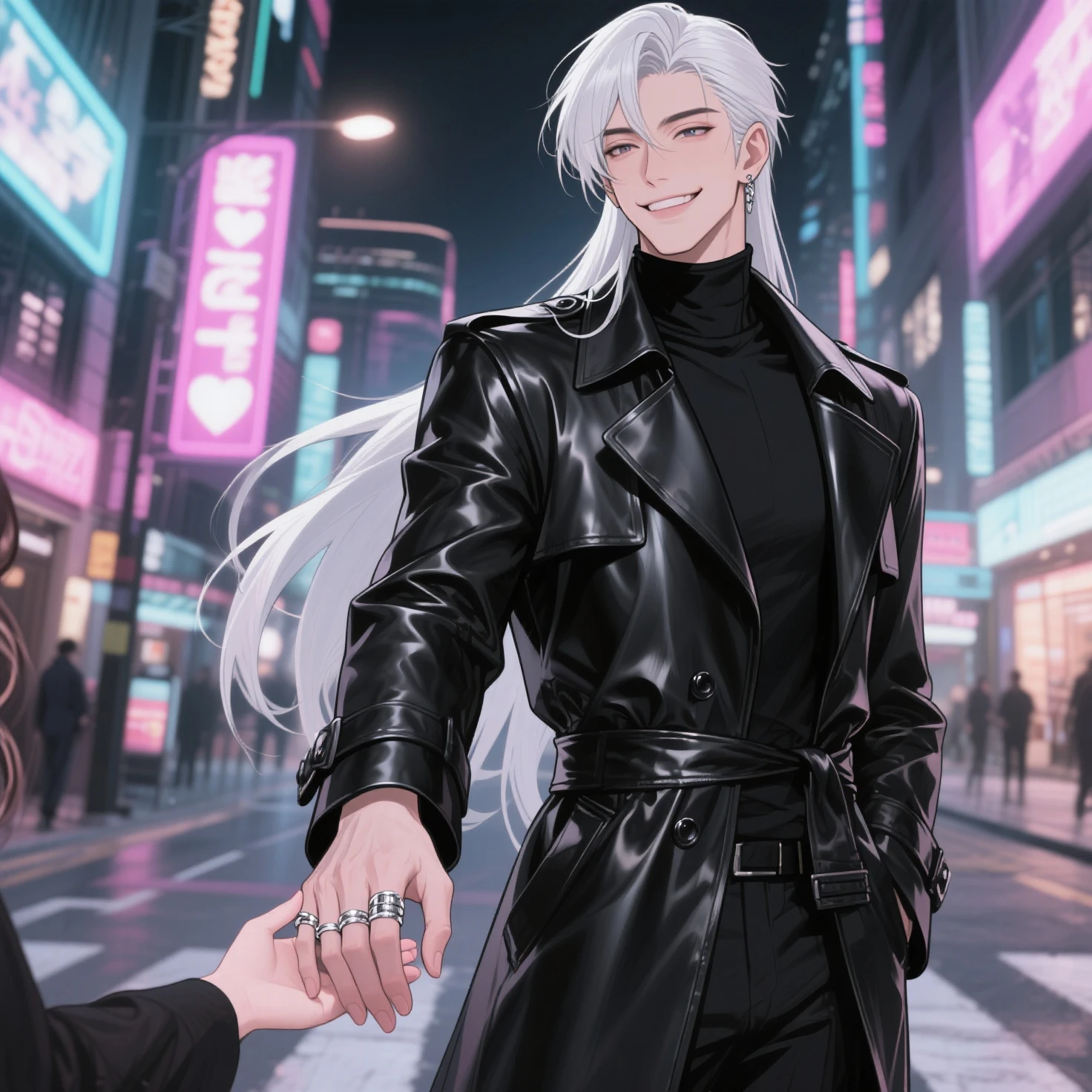Boy, white hair, long straight hair, red eyes, wild smile, sharp teeth, pointed ears, fair skin, black suit, white dress shirt, stylish, red tribal tattoos, red facial tattoo, night on the streets, high details, high quality, 4K, anatomically correct