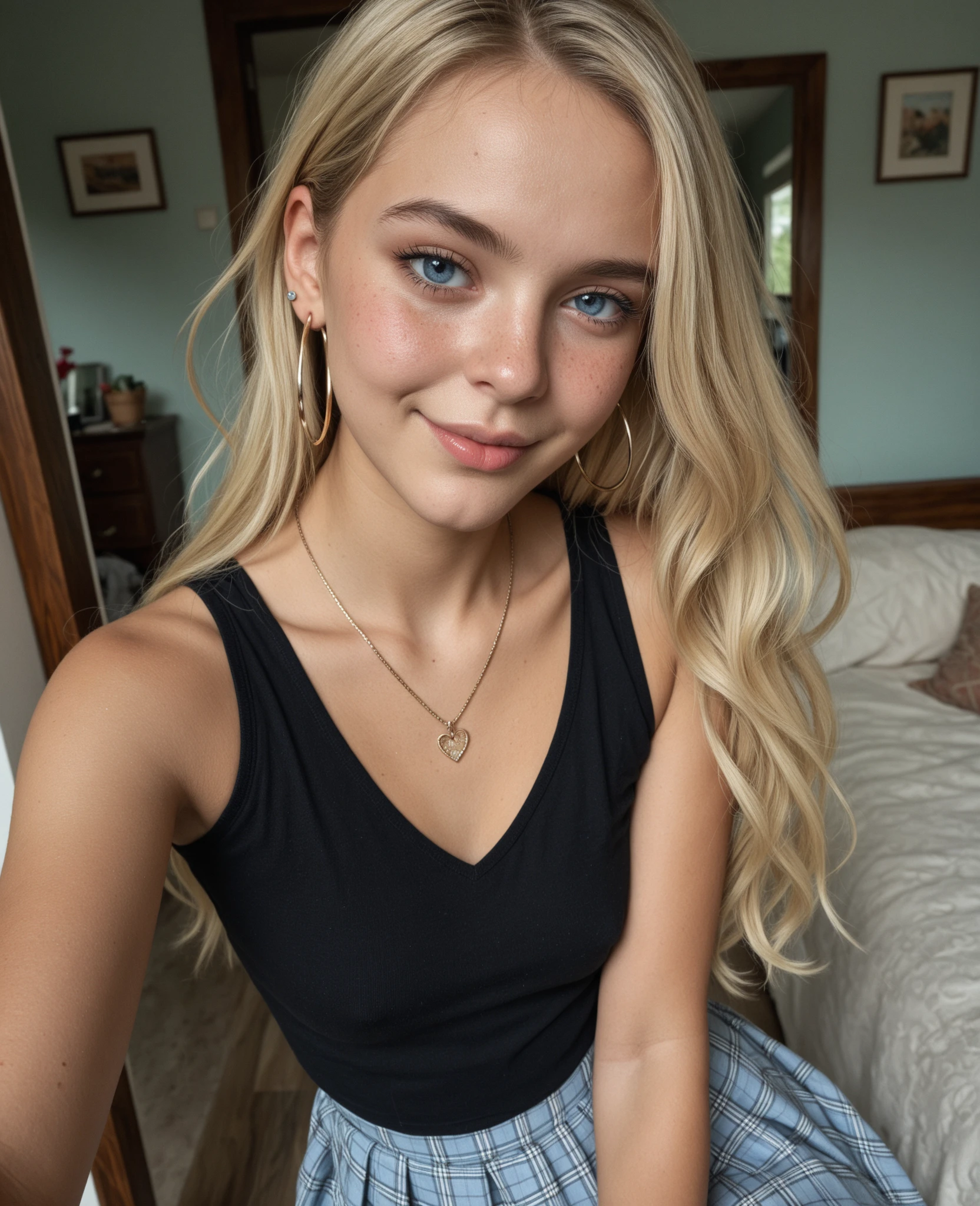mulher, americana, 25 anos, pale skin and freckles, olhos cinzas, nariz delicado, soft and delicate lips, longo, cabelo blondie longo e ondulado na altura da cintura, sorriso meigo, face with delicate feminine facial features, altamente renderizado