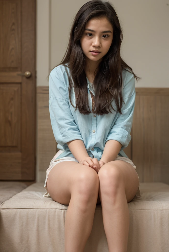 a Japanese young school girl holding a rectangular board, sitting on a blue bed