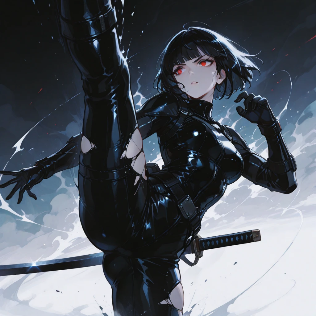 Masterpiece, dynamic, detailed drawn skin, impressive lighting, captives, ninjas, ponytails, black mask, big, torn clothing, no panty, no bra, restrained, angry, noose, holding a wet stick, ((perspective, depth))