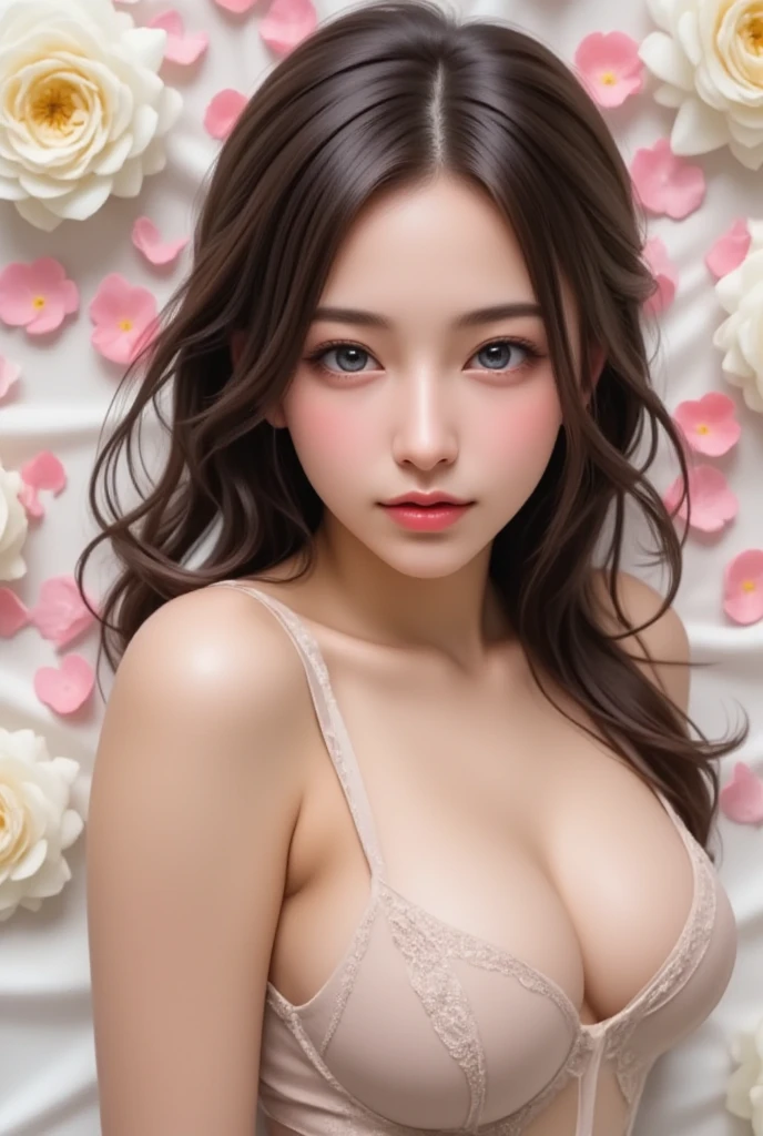 (8K, Raw photography, top-quality, masterpiece:1.2), 1womanl, 3 d, japanes, Bare_shoulders, the bow, bra very, huge-breasted, brown_Eyes, brown_hair, cleavage of the breast, greys_Background, s lips, Short_hair, long_sleeves, up looking_で_viewer, a navel, nase, Off_Shoulder, Open_Clothes, Open_Shirt, panties on, realisitic, The shirt, 独奏, Stomach, undergarment, unwear, The upper part of the body_Body, white_Bra, white_Panties, white_Shirt,shinny skin、Beautiful delicate face、Beautiful delicate eyes、(realisitic、Photo Real:1)、laying down on the bed、She's sweaty