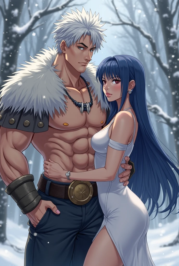 A very muscular man, red hair, blue eyes, shirtless, with blue pants, kneeling and crying, while holding an injured woman in his arms, with long brown hair and medieval clothing with a leather vest, in a burning forest, at night, anime version