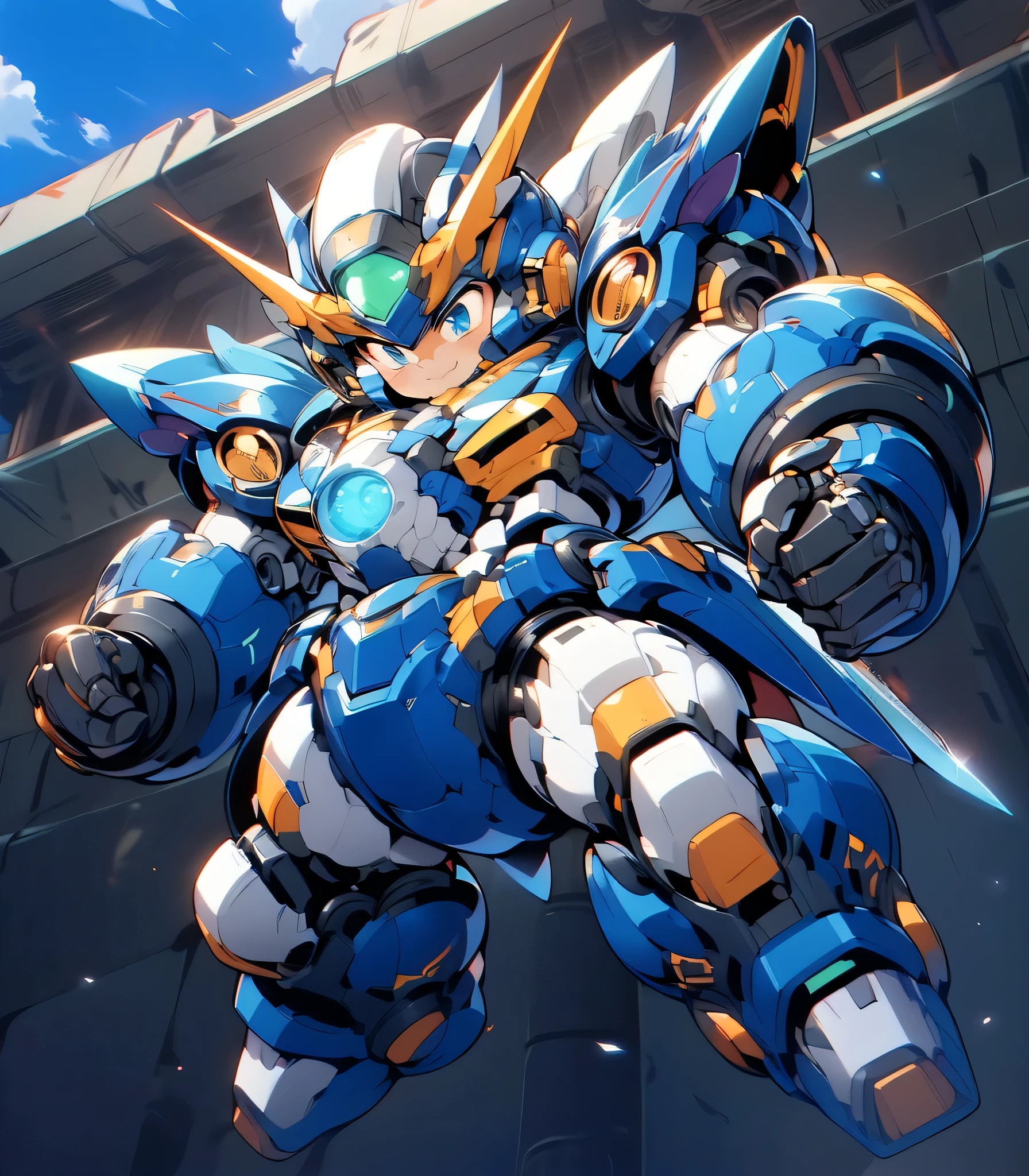 (((1 chibi boy in large robot costume, from below))), smile, (chibi), (bulky:1.8), (((helmet))), large cute face, male child, 1boy, ((looking down:1.5)), mechanical parts, (full armor:1.8), (mecha armor:1.8), (shoulder guards:1.2),(huger arms), ((mechanical arms:1.5)), (huger body:1.8), (heavy equipment:1.6), (from below), blue sky, white clouds, robot joints, becoming a mecha, mecha, (RARS), (HRS), ROBOTANIMESTYLE, cute, boy, ((masterpiece)), vibrant colors, 8k, best quality, ultra detailed illustration, ((best quality)), ((high resolution)), flawless skin textures, shiny oiled skin, extremely detailed anime eyes , extreme light and shadow