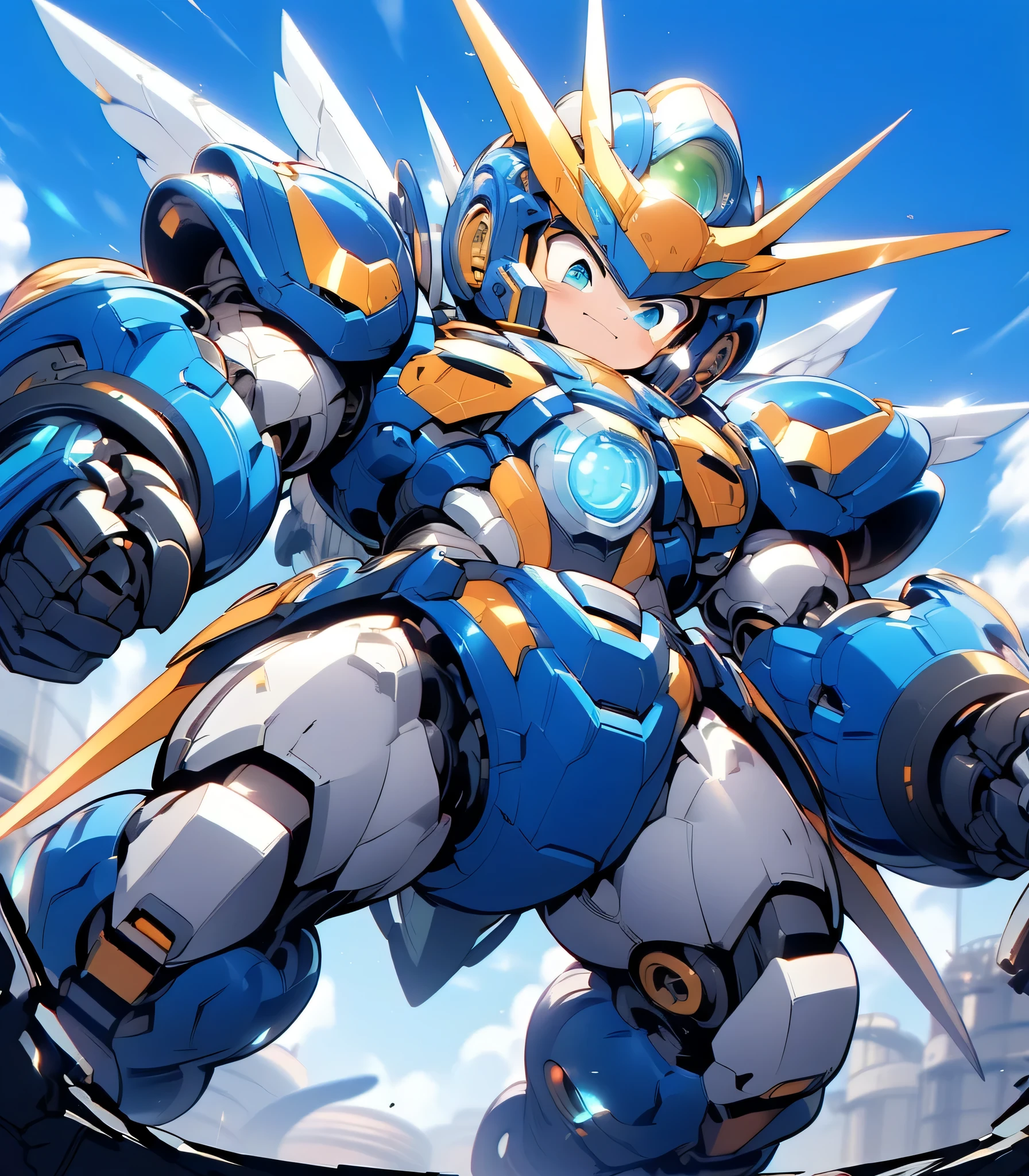 (((1 chibi boy in large robot costume, from below))), smile, (chibi), (bulky:1.8), (((helmet))), large cute face, male child, 1boy, ((looking down:1.5)), mechanical parts, (full armor:1.8), (mecha armor:1.8), (shoulder guards:1.2),(huger arms), ((mechanical arms:1.5)), (huger body:1.8), (heavy equipment:1.6), (from below), blue sky, white clouds, robot joints, becoming a mecha, mecha, (RARS), (HRS), ROBOTANIMESTYLE, cute, boy, ((masterpiece)), vibrant colors, 8k, best quality, ultra detailed illustration, ((best quality)), ((high resolution)), flawless skin textures, shiny oiled skin, extremely detailed anime eyes , extreme light and shadow