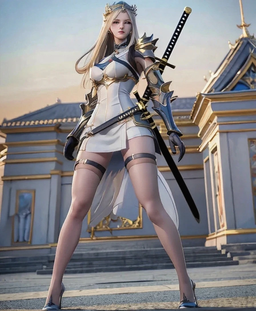 a woman dressed in white and black holding a sword and a sword with a long blade on her arm,1girl, armor, breasts, earrings, full_body, gloves, grey_background, high_heels, holding, holding_polearm, holding_weapon, jewelry, lips, looking_at_viewer, makeup, medium_breasts, polearm, short_hair, solo, spear, standing, sword, weapon, white_hair, {an extremely delicate and beautiful girl}, 8k wallpaper, {{{masterpiece}}}, detailed cloth texture, (((full body))), (cleavage), detailed cloth texture, ulzzang-6500-v1.1, <hypernet:gigantomastia_:0.45> <lora:hipoly3DModelLora_v10:0.5> <lora:breastinclassBetter_v141:0.4> <lora:koreanDollLikeness_v15:0.5>