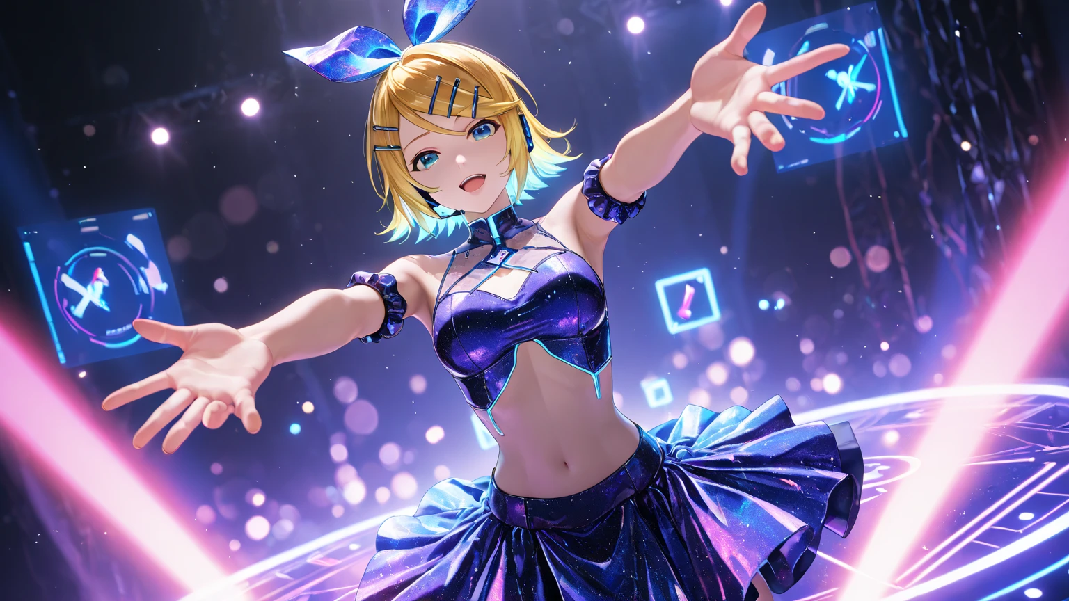 image quality:Highest Quality
Camera Focus: Blur the background
light:sidelight
person:20-year-old female,Gal model 、
Bright light、
Hairstyle: Short Bob、With bangs
dress:Gal、Hysterical glamour expression: The best smile、
Thin and delicate、Small bust、From head to toe、
Slim and beautiful legs、Thin thighs、pantyhose、pumps、
flowerpunk、Sparkling light particles、
Vivid gradient effect