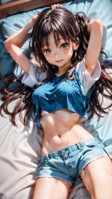 nsfw, The upper part of the body、an oil painting、masterpiece、top-quality、hight resolution、Yellow medium hair、Sleeping in bed、Naughty look、Black and light blue plaid bra、Button is disconnected、Black and light blue plaid panties、Bending legs、Female face、Hot face、A slightly troubled look、sweat-wet skin