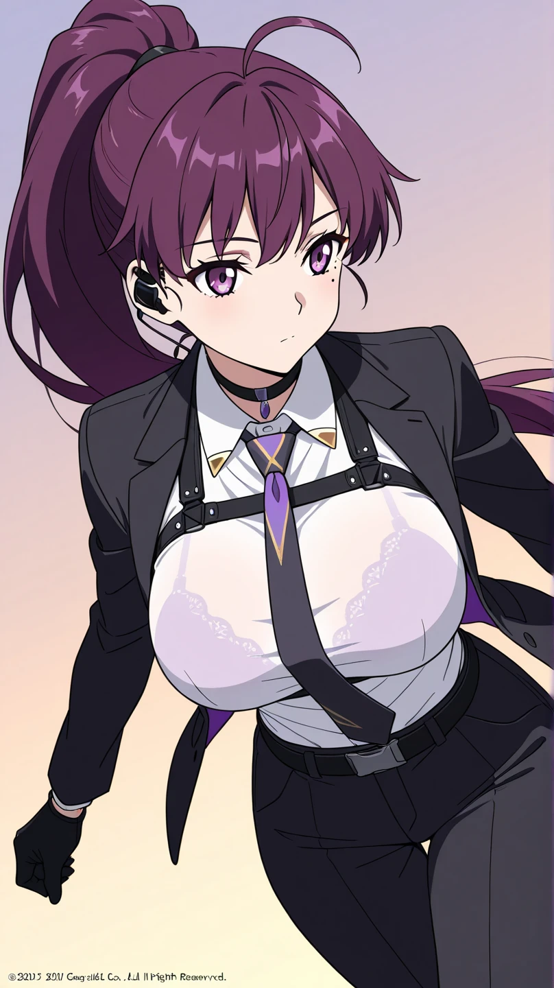 ((8K resolution))、((highest quality))、((masterpiece))、((Super detailed))((((dramatic))), (anatomically correct)、Depth of object being written、look at the camera、((kafka, (eyewear on head:1.3), round eyewear, (purple eyes:1.1), purple hair, long hair,))front、eight-headed body、Thin but muscular body, toned arms, long and thin legs, Athletic Presence,(theme、whole body:1.1), white background