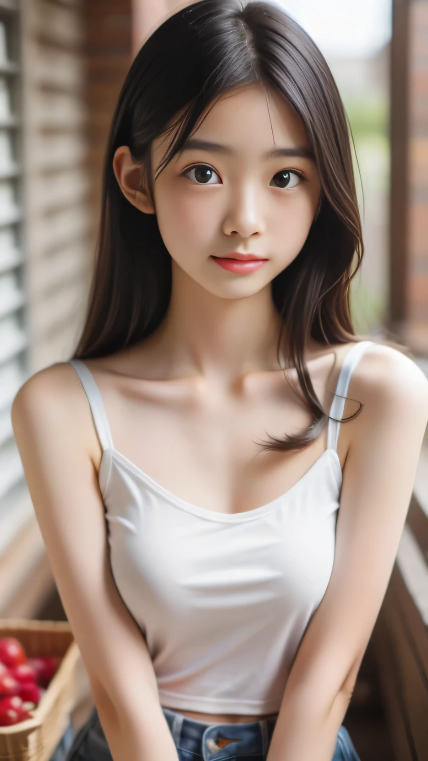 Skinny, 10 years old, baby face, adorable, 1 girl, (face to face), 10 years old, baby face, happy, half body portrait, (face details: 1), (eye details: 1), ((skinny breasts)). wearing transparent transparency long shirt, .. Cute posed. proportional body. Ultra High Res. realistic: 1.4, UHD