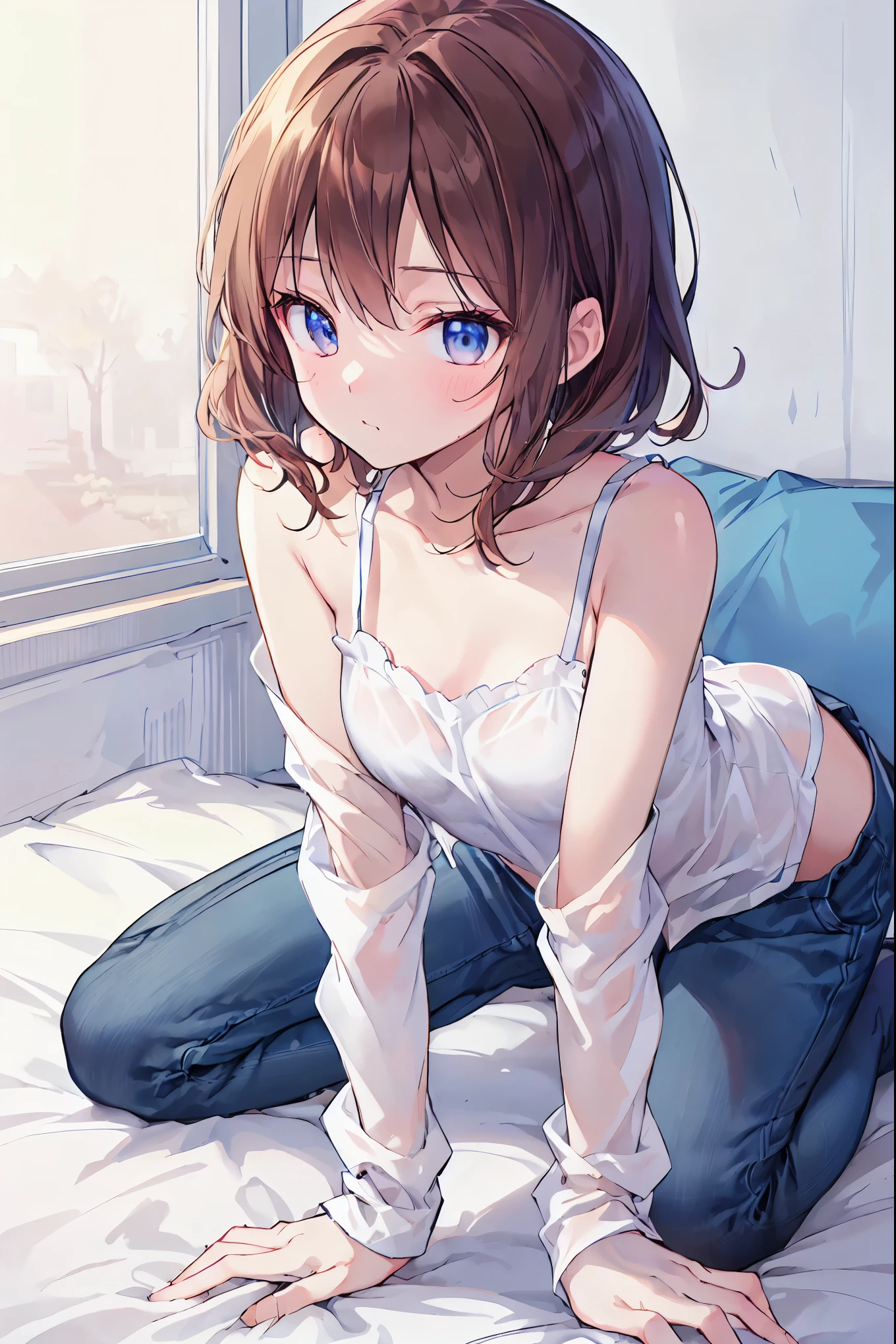 (破壊のないperfect anatomy:1.3),(Accurate and  details Beautiful Eyes,shining eyes),((top quality, 16 kg, masterpiece: 1.3)), Beauty, 1 person, big: 1.2, Slim Abs: 1.1, (gets on all fours:1.3), (:1.3), (super  details face, highly  details lips, Beautiful Eyes, double eyelid), short hair, stop temporarily, chestnut brown camisole,Maroon Shorts､ White Bed, camera'Vision, Boy sweat , interesting, sleepy look, from below, (1 personの:1.3),(perfect hands:1.3),(perfect anatomy:1.3), (masterpiece:1.3),(top quality:1.3),  details,8k seconds：high resolution,beautiful  details eyes, cute eyes, shining eyes, 複雑なアイリスのdetails,   it is said  , shining eyes, pupil depth and three-dimensional effect,  subtle changes in the shade of the iris ,  Eyelashes with attention to detail ,  details eyes, ③Lighting：Best Lighting, Part 4-5: ultra- details face, details skin, ⑥Body type：(slim figure:1.3), Seven Heads, Tiny Head, ⑦ Skin: ⑧Performance：(:1.1), think, kiss, ⑨Style: Break 10. theme：Amadoca,(Mole under eye:0.8),short hair,bangs,hair clip, short hair、bangs、hair clip ⑪ Hair: shiny hair, Floating Hair, short hair, BLACK ROCK , Mole under eye, Mole, hair accessories, hair clip, Blake ⑪ Hair: shiny hair, Floating Hair, short hair, BLACK ROCK , Mole under eye, Mole, hair accessories, hair clip, Break ⑫ Environment： ⑬Composition： ⑭Costume : earring,　( For the whole body:1.3)、perfect hands、perfect finger、perfect palm 、Perfect Nails、Perfect Thumb 、perfect index finger 、perfect middle finger、perfect ring finger、perfect little finger、perfect textured hand、anatomically correct hand，correct foot anatomically correct、手は2Books､The legs２Books､Fingers５Books，