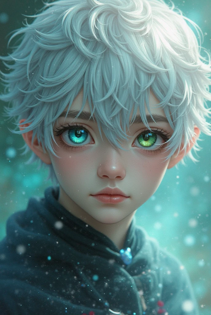 A 1 boy, his white hair are quite messy, falling on his forehead. His eyes have different shade of green and blue inside them. He's bright.