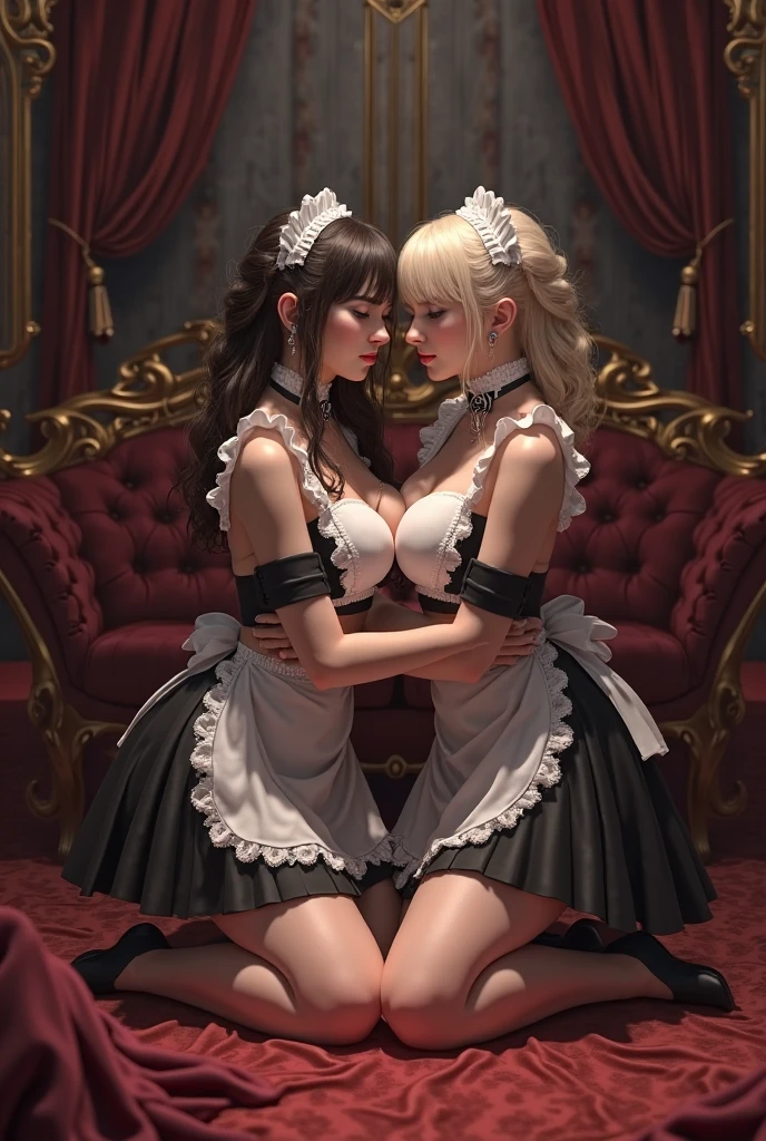 Multiple sexy servant girls standing or kneeling in front of the protagonist princess，Maid skirt and stockings in the background, The protagonist is a noble young princess sitting on a throne in a bridal wedding lace dress and stockings, Full body shot, Show the whole body from head to toe, There are only women on the picture, Background inside the palace, White and even teeth, Makeup, lipstick, Slim body