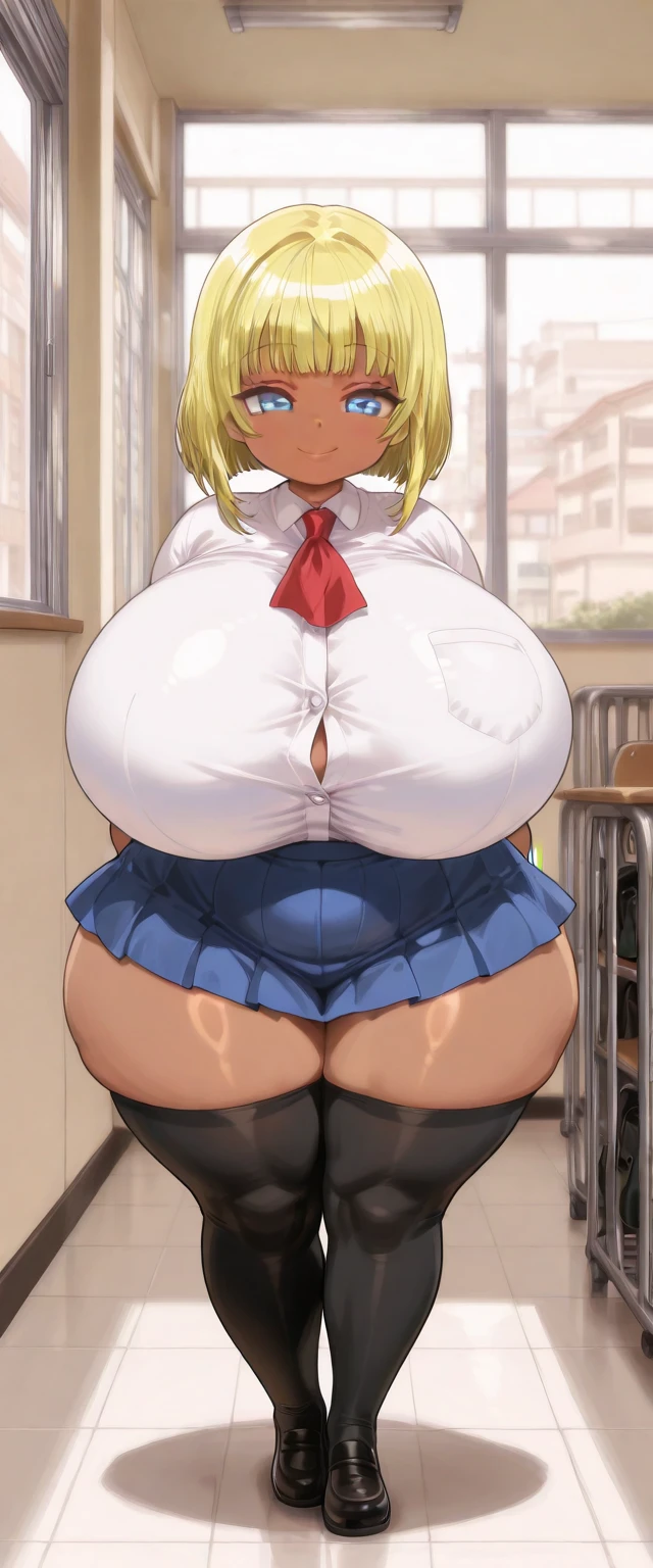 masterpiece, best quality, extremely beautiful and delicate, extremely detailed, intricate detail, vivid colors, colorful, (schoolgirl), (gal), short hair, (pale yellow hair), shiny tan skin, huge long breasts, bbw, chubby tummy, curvy, thick, lip, smug, showing belly, massive, obese
