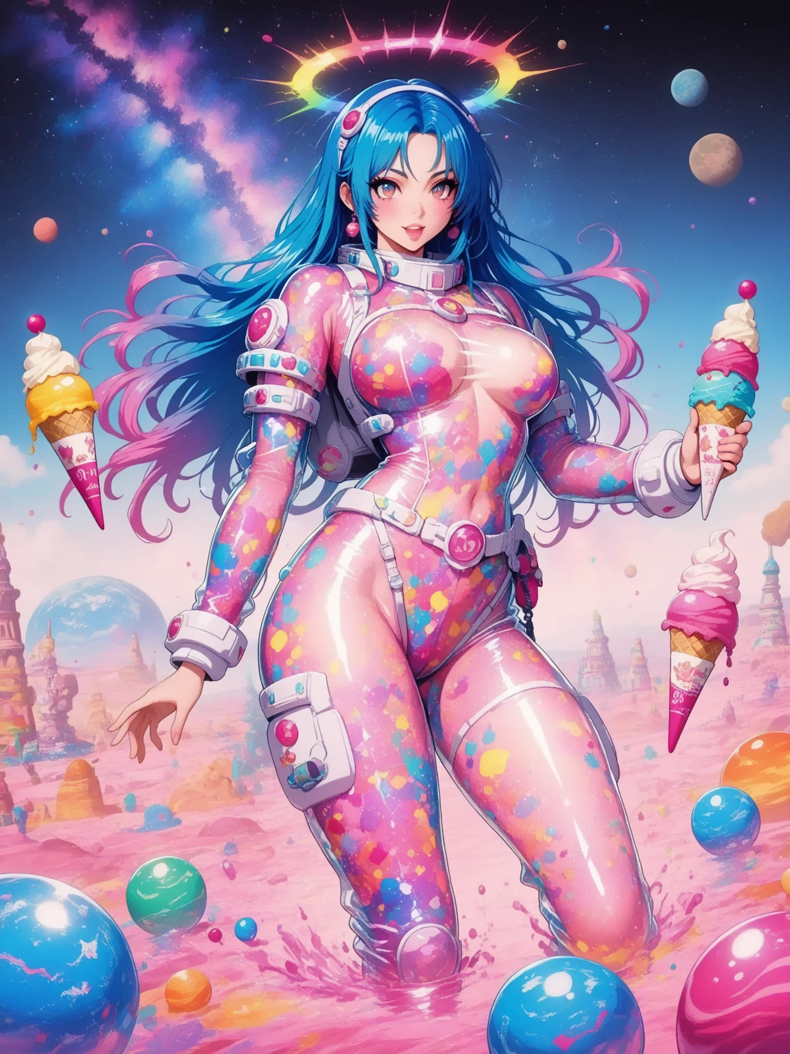 Sexy busty woman wearing (big diaper) magical, colorful, detailed, surprised, happpy, huge breasts, wide hips, seductive, ((mommydom)), bokeh, (latex), (cleavage)