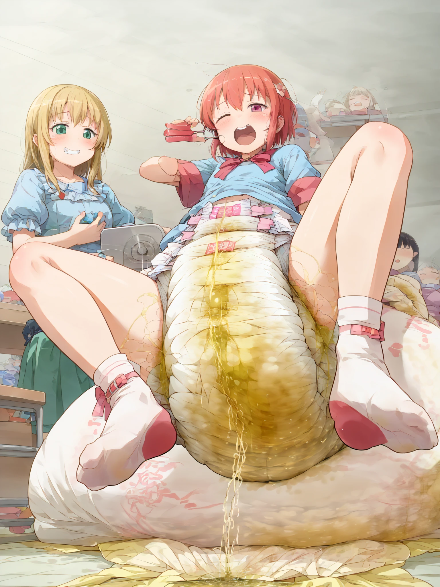1girl, nsfw, houjousatoko, short hair, blonde hair, purple eyes ,hairband,  empty eyes ,(wearing nothing:1.5), large breasts, ,Slicing meat,  nipple, church, , bedroom, blue sky,, , Peeing, lactation, projectile lactation