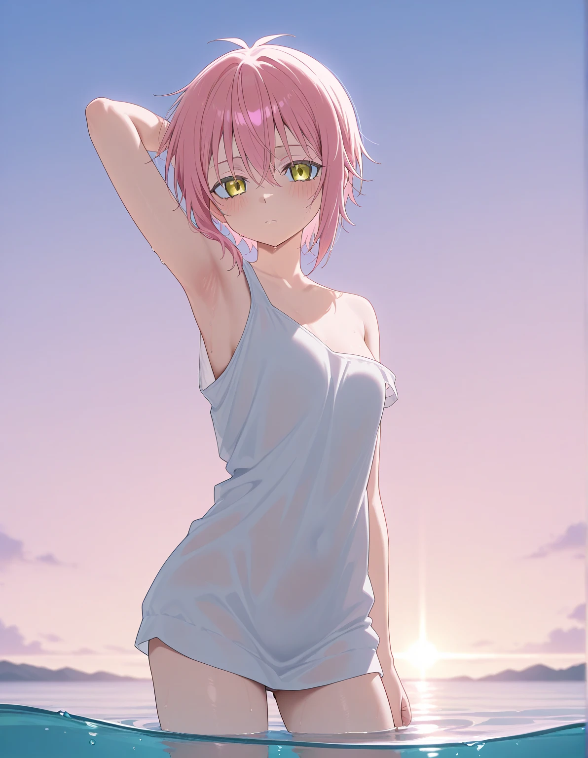 Mina Ashido, teen, short green pleated skirt, topless, medium breasts, small nipless, bedroom, sunrise