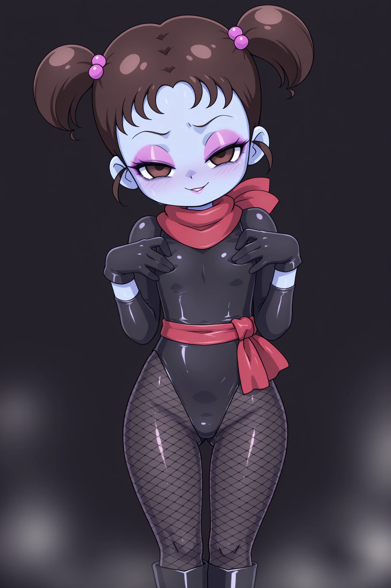 score_9, score_8_up, score_7_up, perfect face, perfect eyes, 1 lady, medium breast, blunt bangs, twintail hairstyle, smug face, hands on hips, latex leotard, thigh highs, exposed shoulders