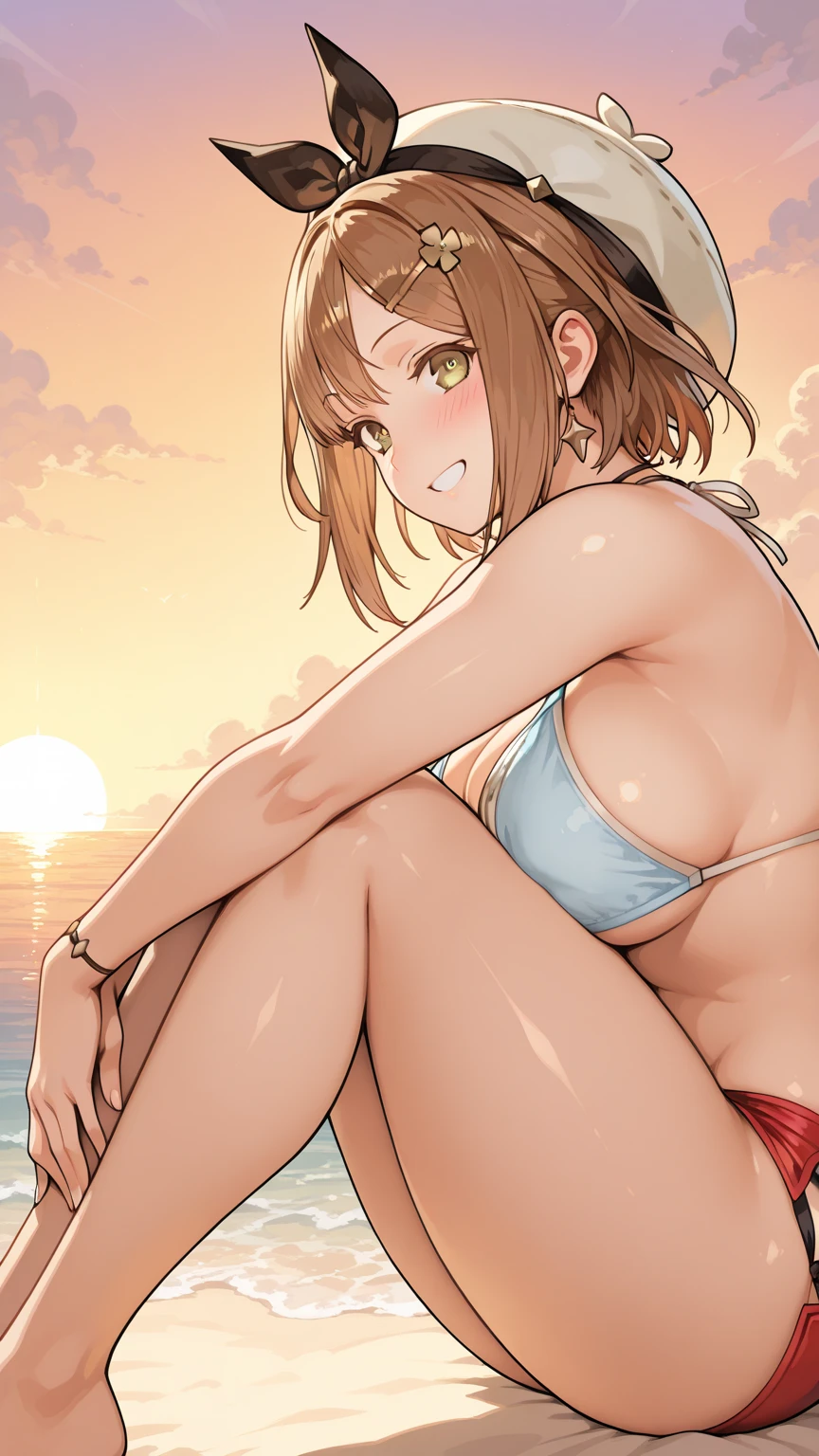 score_9, score_8_up, score_7_up, score_6_up, source_anime, 2d, 1girl, 1boy, leaning back, on towel, male, happy, (grindsex), penis, pussy, cowgirl position, squatting, motion lines, (grinding), nude, detailed background, ((vertical stripe print bikini), bikini bottom aside, side tie bikini bottom), breasts out, nipples, moaning, beach background, gh1bl1, jean from genshin, side view, pubic hair, pussy juices, precum,