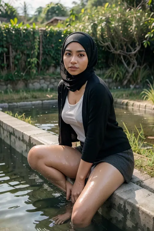 Young sweet beautiful Indonesian girl, 18 years old, slim body, very georgeus face, beautiful small breasts, under kidnaped in coconut plantation, wearing white dirty short hijab to  covering all her hairs, a senior smart indonesian scout trainer at coconut plantation, a strong and humble girl, wearing khaki very  dirty  long sleeve all unbuttoned indonesian scout jacket, wearing dark brown folded up long skirt, wearing black sport shoes,  very realistic, very detail face, very detail fingers, no cartoon, all good fingers have normal shape, normal legs shape, siting down unsecured limp lazy  opened wide legs that tied on lazy chair in plantation zone,  sun shining to her body,   vagina and breast are exposed and visible, sweat on  all her skins, many sweat flowing on her redish scared and  exhausted face, bondage having being kidnaped, scared and exhausted  wet eyes,  very frightened and  exhausted face, her dark hairy  vagina exposed, very dense hairs under her stomach are visible, no bra, no panty, no underwear,  nude, both her hands tied and cuffed backwards,  she forced to take off her dress,