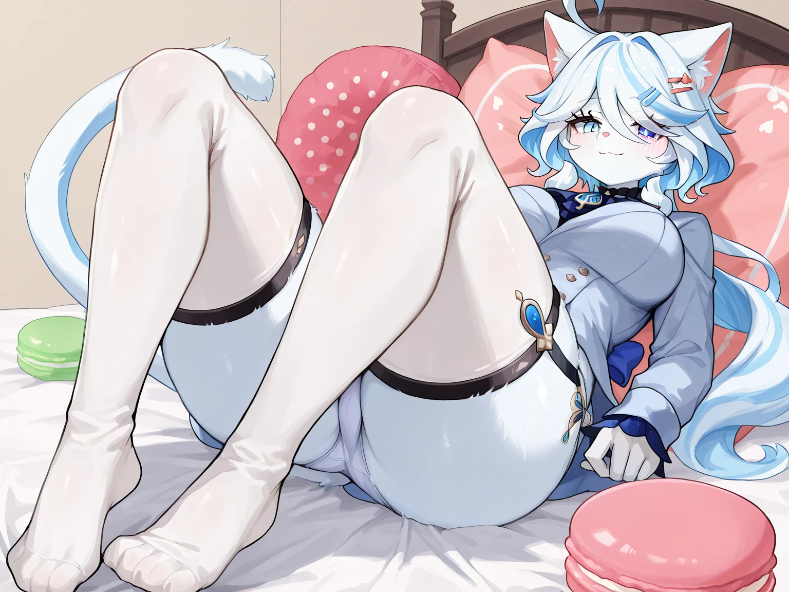 boy, cat, furry, bodyfur, tail, collar, bra, bottomless, gloves, boots, chibi, sparkling eyes, penis, testicles, legs up, anus