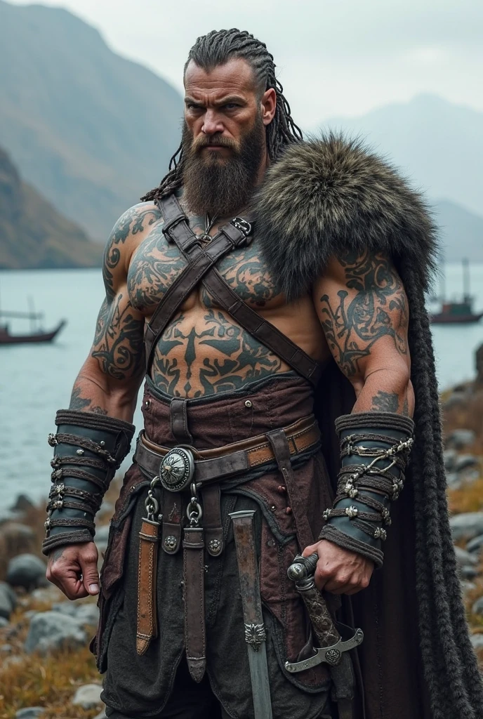 2 meter 35 Viking with long hair tied up, with bearskin clothing, muscular but thin, with little clothing and a tattoo of arcane letters all over his body and especially on his torso