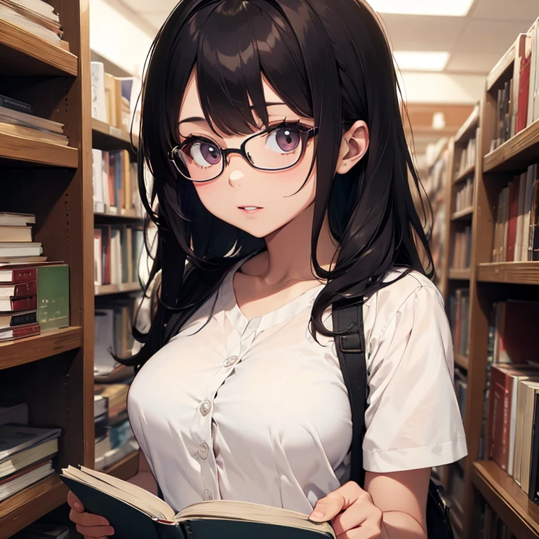 ((masterpiece,Highest quality;1.3,best illustration,realistic)),Looking up at the viewer、1woman、独奏,25 year old Japanese beauty,((very small head:1.1)),center parted bangs,forehead,black hair,long hair,black eyes,gorgeous eyes,Black-rimmed glasses、tears,shy,shock、medium breasts,((very long body)),((toned body,slender body,skinny)),gleaming skin,shiny skin,oily skin,(oversized blue cardigan,Dark blue pleated mini skirt)、White tank top、kneeling,incontinence、peeing,library、Tokyo、