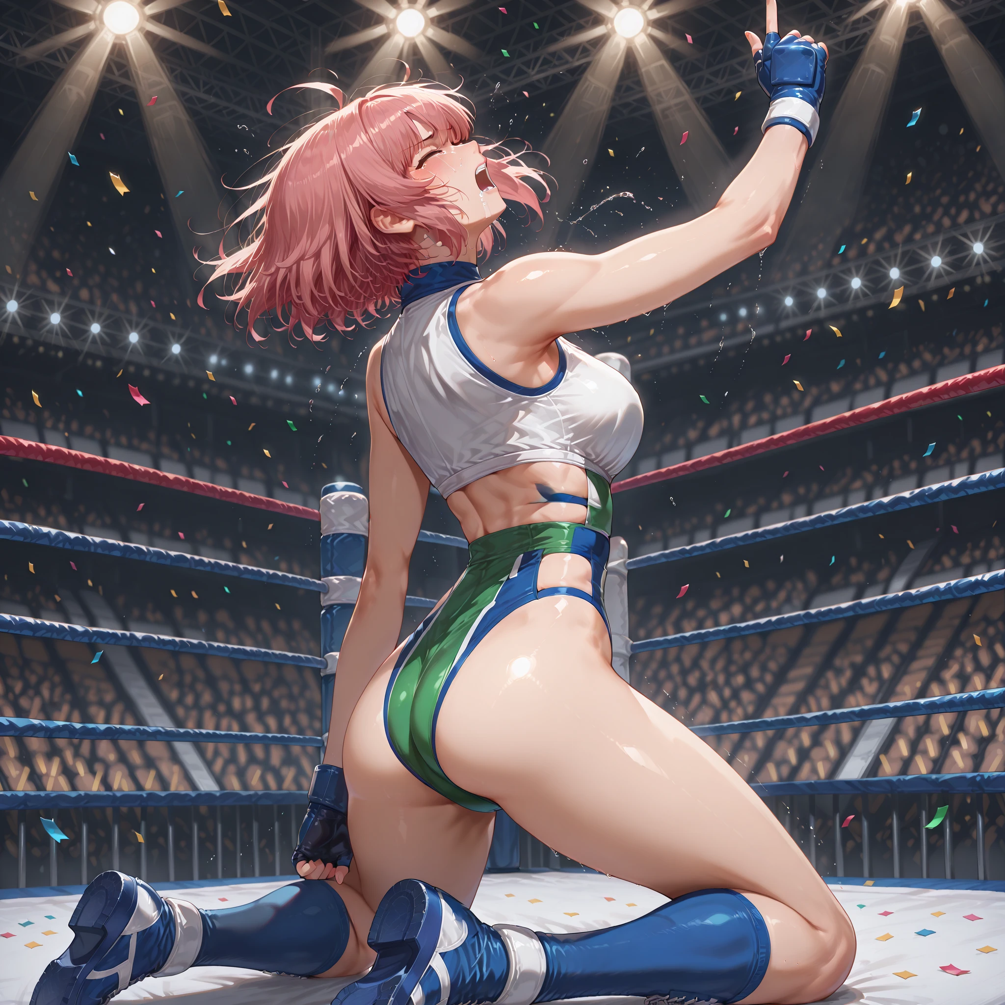 best qualtiy，Masterpiece, Ultra high resolution, background details, Realistic, ((best quality, 10, Special details, Masterpiece: 1.3)) , (side camera angle: 1.5), One young woman,Black sexy outfit, pink hair, 25 years old, (Inside the narrow bar counter), ((Many excited spectators were around.:1.4)), (), (The light is dim.:1.3), boxing ring), (point to the camera: 1.1)