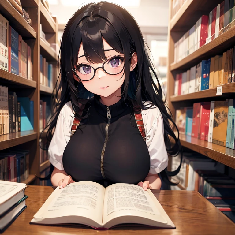 (masterpiece),(best quality), glasses, chakumomi, pov hand, breast grab, (embarrassed),sweater, in library,