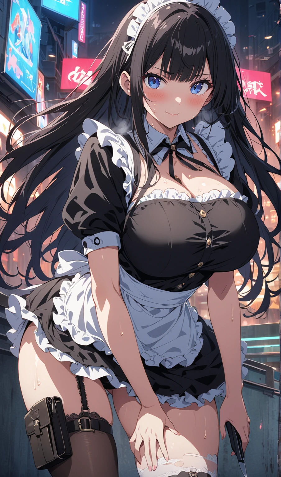 (Attractive young woman with a slim and well-structured body. Her white skin is soft and delicate, contrasting with her long green hair and expressive green eyes). (Her breasts:1.5 are super mega hyper gigantic), (with a rounded and firm shape, while her ass is big and round). (Wearing),+,(a sexy maid uniform, consisting of a sleeveless white jumpsuit that highlights her curves, with a super short and fitted skirt in the front and back. Thin uniform fabric moldes)