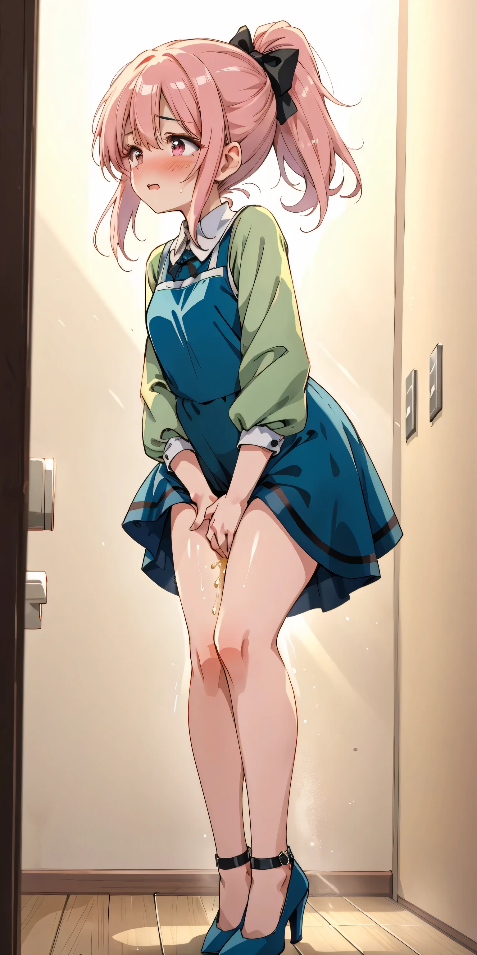 (8K, ultra-detailed, best quality, anatomically perfect body:1.5), (small breast:1.2), shiny skin, (1 girl), (have to pee:1.1), (urge to pee:1.3), (peeing self:0.8), (pp clothes:0.7), (very desperate to pee:1.3), (takes to front of the bathroom door), (waiting for bathroom with line), (squatting), (Each one has a different blouse), (Each one has a different maxi pinafore dress:1.4), pantyhose, petticoat, (Each one has a different footwear:1.1), (Each one has a different hairstyle), (knees together and feet apart:1.4), (Rub each other's knees:1.2), (leaning backward:1.3), (hand between legs), (holding the crotch:1.5), (orgasm:1.5), (blush:1.5), (embarrassment:1.4), (impatience:1.3), (flustered:1.2), (fidgeting around:1.5), flowing sweat, (erotic waist twist:1.3), (panting), (breathless:1.4), (Erotic feelings), (close eyes, closed mouth:1.2), (orgasm), looking away, from side, (upskirt:1.5), full body, nsfw, 