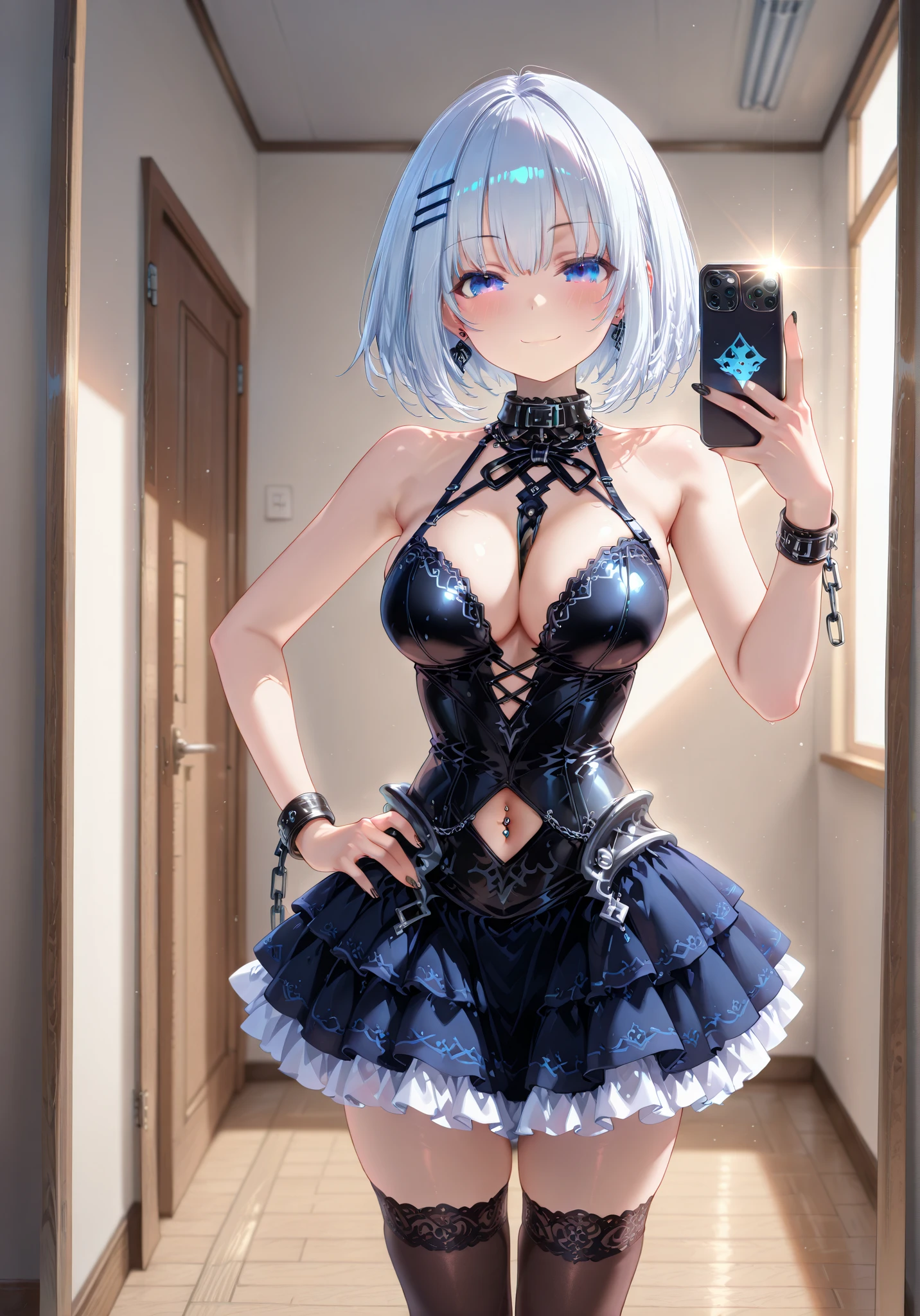 (Photorealistic:1.8、Highest quality:1.8、8K Masterpiece:1.8、Super detailed、Ultra-high resolution、Detailed Background)、((Flat Color))、((colorful))、Multicolored lighting、((Floating colorful water))、Blue background、 The Restrained Queen、Squat with your legs apart、back?rangle、Random Pause、(Lock、Golden Lock、Locked to the body、Locked collar、handcuffs)、Random Sexy Poses、turn around、 (Medium Hair、Silver Hair、hair ornaments、choker)、(bondage、Mini Dress、choker、Knee-high stockings、garter belt、white wedgie panties)、Beautiful hip line、TWICE Tzuyu posing、Beautiful Blue Eyes、(A rich expression、smile)