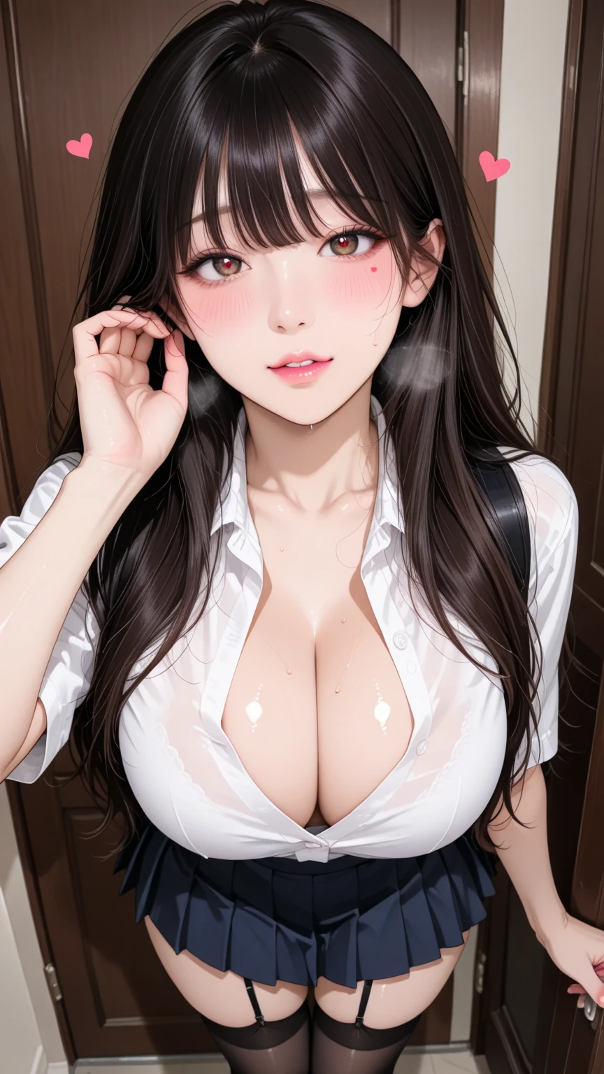 photorealisim、top-quality、超A high resolution、a picture、Photo of an exquisitely beautiful Nordic-born girl、Extraordinary beautiful girl、Highlights of cheek luster、Detailed cute and beautiful face、(pureerosface_v1:0.008)、Beautiful bangs、Glowing white shiny skin、Bangs between the eyes、shiny and beautiful hair、Silky hair、finer hair、High-definition eyeeautiful, Bright and clear, Big eyes shine charmingly、eye liner、Double eyelidull body like、dismay、red blush、embarrassed from、glares、 shiny little necklace and earrings, shiny lips: 1.4, humiliated、impatience、dismay、Frightened、glareposed cleavage、(A large amount of sperm in the chest:1.4)(Large amount of sperm in the thighs:1.2)、red blush、Tears are embarrassing、White underwear、White bra、Open knees、open one's legasturbation behavior、Disheveled clothes、Dressing、Exposed panties、Wearing sweat、sodden、Sheer underwear、Neat girl,18 years old, (High School Uniform: 1.0),Wavy Hair, Brown hair, bangs flowing diagonally, Medium Long Hair, Blue eyes, Small breasts, In the classroom where the setting sun shines, sitting in the chair、(((selfie)))