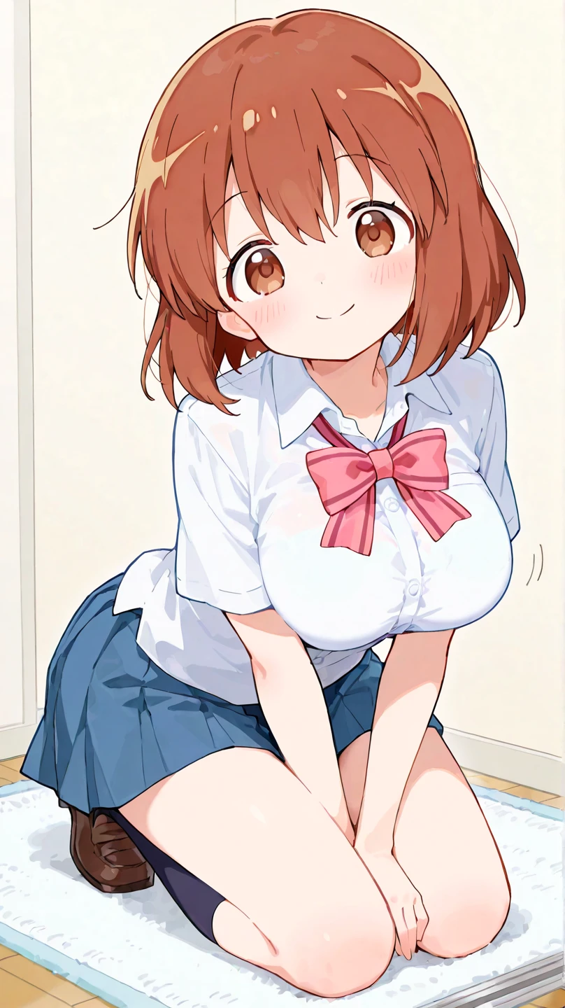 1 cute girl, (short stature:2.0, huge breasts:1.3, disproportionate breasts:1.3, thick legs:1.2, toddler body:1.2), two side up, long hair, BREAK (red hair:1.1), brown eyes, BREAK (naked:1.3), (blush, ;d, yuruyuri), full body, from front, BREAK at the adventurer's guild, A bulletin board with posted paper