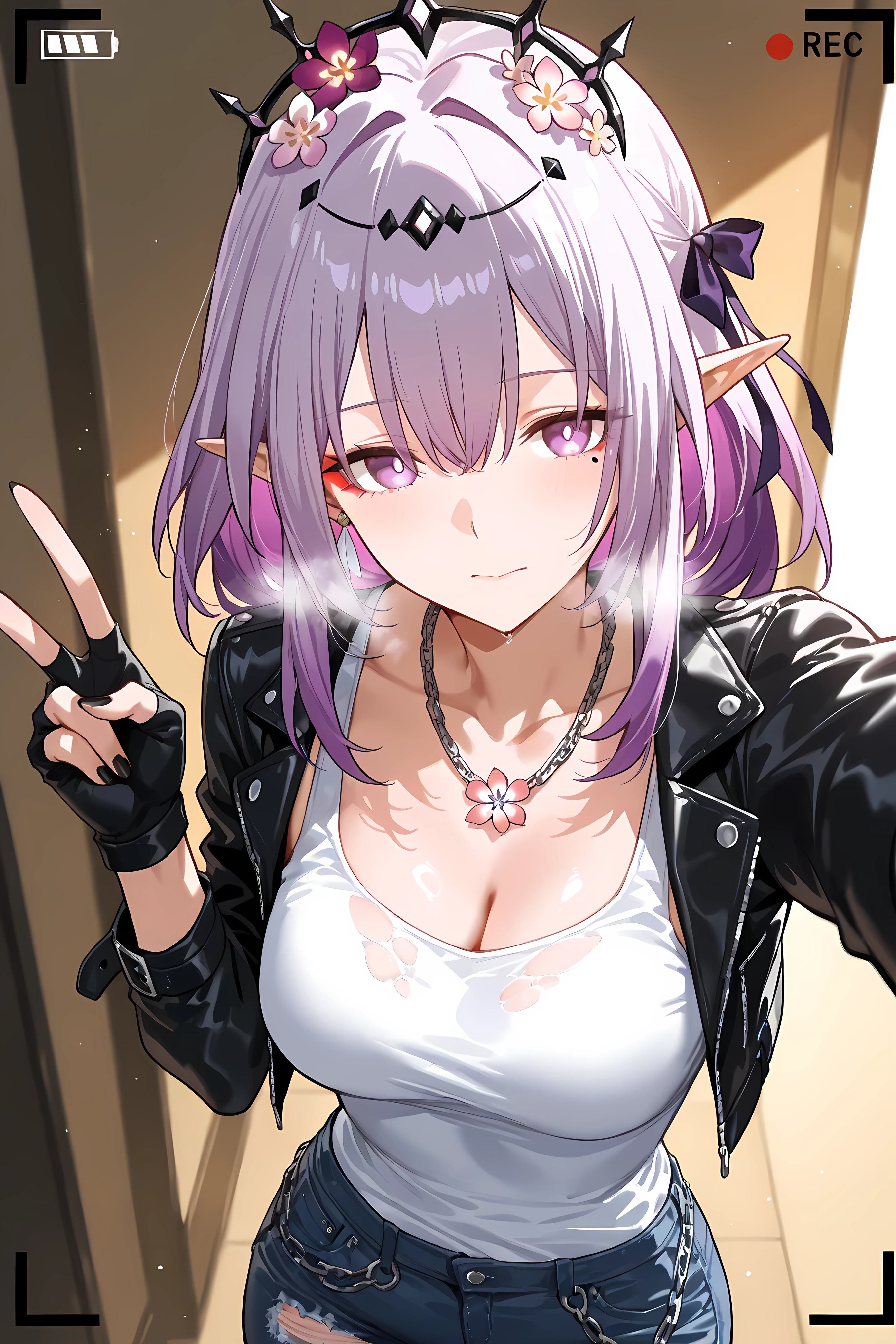 score_9, score_8_up, score_7_up, masterpiece, best quality, very aesthetic, absurdres, tunning image, attractive image, 1girl, solo, adult grown woman, castorice \(honkai star rail\), purple eyes, purple hair, pointy ears, multicolored hair, hair ornament, tiara, pink hair, colored inner hair,flower, medium breasts, masterpiece,best quality,amazing quality, ero404, 5 fingers, black nails, alternate costume, cropped leather jacket, white tank top, ripped skinny jeans, fingerless gloves, chain accessories, chain necklace, bold eyeliner, short tousled hair, urban punk vibe, heavy breathing, closed mouth, selfie, V, user interface, fake screenshot, viewfinder