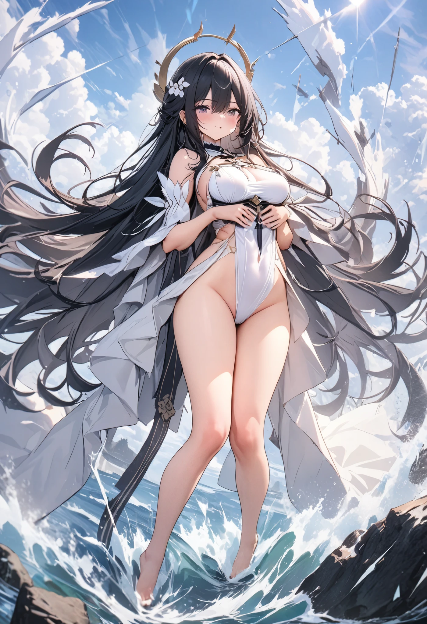 (solo:1.3), 1girl, Indomitable\(azur lane\), \(origin\),White_dress,Smile,Masterpiece, Best quality, Extremely detailed face, sharp detailed, High contrast, bare legs, white high heels, (walking, stride:1.4), (full body:1.3), nuclear explosion behind, flames of war, sea, war, battle, fighting, attack, (holding psycho ball),