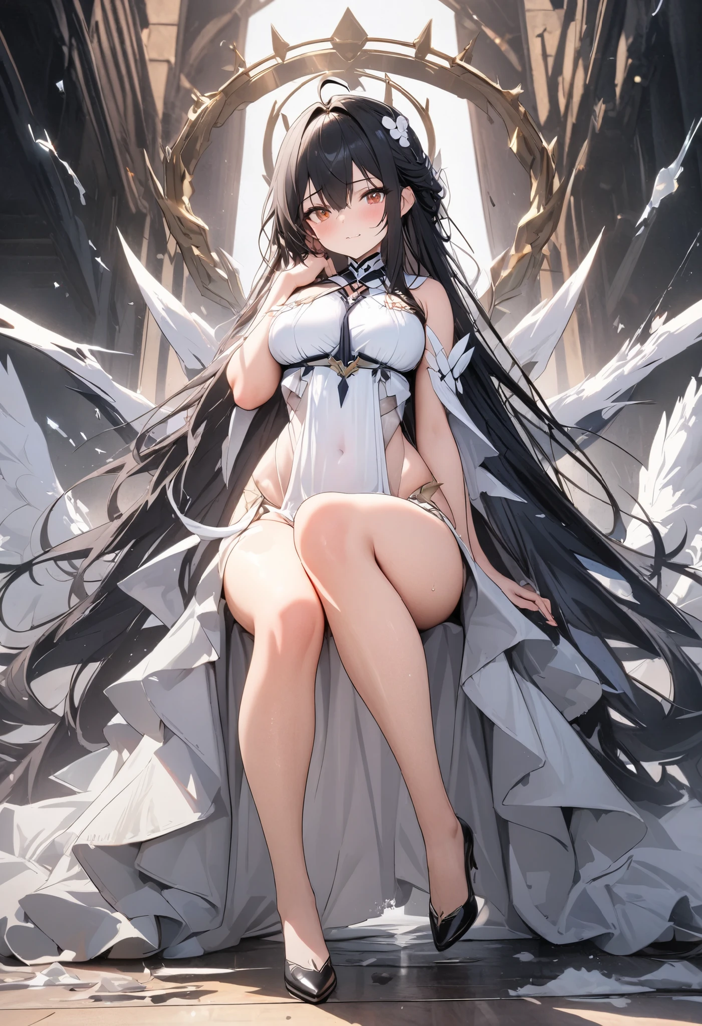 masterpiece, highest quality, High resolution, Long Hair,、Drooping eyes,barefoot,Looking up,Embarrassed face,Angle from below、Big Breasts、The black underwear is transparent、Black Hair,In town、The legs are thin、Clothes are wet、The clothes are torn,Gravure photoshoot、It has wings、Legs wide open、Put on the celestial armor、Equip a sword、Station staff cosplay