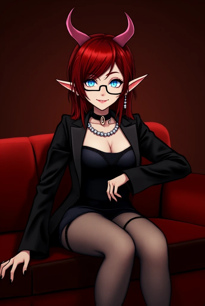 1girl, beautiful elf woman, ((Short Red Hair, Straight, has shine)) Blue eyes, double eyelids, light effect on eyes, detailed irises, beautiful curvy body, glasses, Shoulderless black evening gown with a long flowing skirt, black lace thong, black high heels, ((Work of art, hyper-realistic, hyper detailed, Best Quality, 16k, light and shadow on skin, vivid colors)) ((leaning back on leather couch in dimly lit room)), ((Hands cupping breasts)) Lustful Expression, perfect lips, sexy mature face, flirting with viewer, lots of freckles all over body, full pouty lips, extreme blush, sensual smile, night time, moonlit sky, ((Front View)), ((Full body shot)), breasts are covered, Lustful smile at viewer