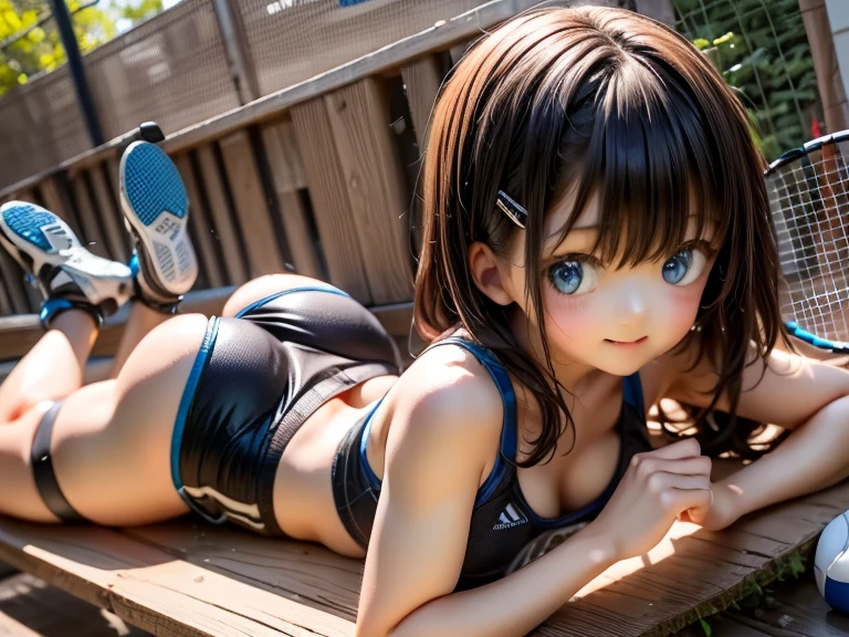 (8K high resolution), (Highest quality), (RAW quality), (Realistic), (Realistic:1.37), ,Big eyes,Long eyelashes,1 female、14 years old、classroom、(On all foursの後ろ姿:1.8)、(Turn your ass towards me:1.8)、sweating、(loose socks:1.5)、Red ribbon、(Small breasts:1.5)，(Skinny girl:1.6)，(Slender body:1.6)，(thin:1.6)，(Baby Face:1.3)，(Childish body:1.3)，(Shiny, Oily skin:1.5)，(14 years old middle school student:1.3)，(A shy smile:1.3)，(Small face:1.5)，(On all fours:1.5)，(On all foursでお尻を見せつける:1.8)，(Tiny Micro Bikini:1.3)，