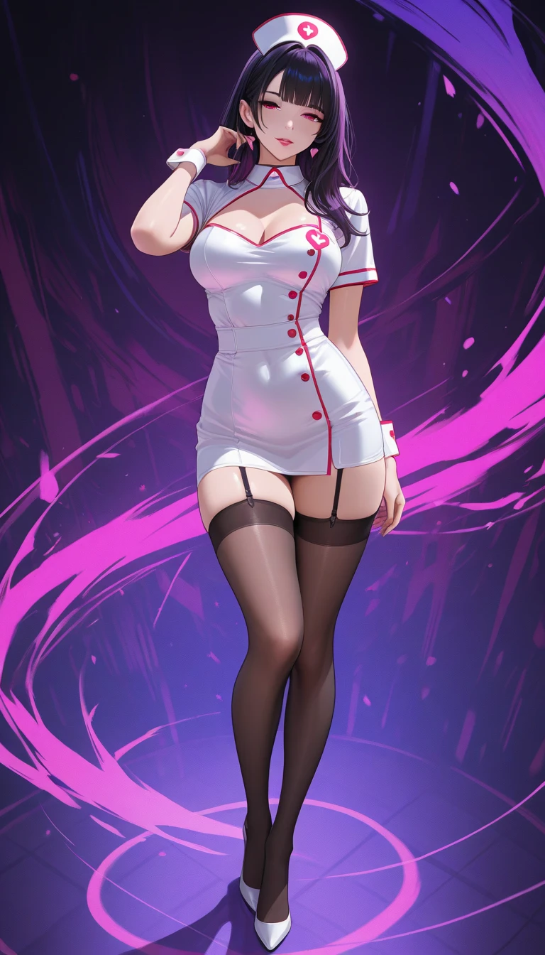 a woman, standing, full body, ((solo)),close up, (dynamic pose:0.9), photorealistic, (hyperrealistic:1.2), beautiful, masterpiece, best quality, extremely detailed face, perfect lighting, medium breasts, (wide hips:1.2), nsfw, (from front), glowing, , (( black long hair)), perfect eyes, large eyes, curly eyelashes,(( dressed as a nurse)), ((white mini skirt)) , (exited face:1.1) , ((perfect face)), ((fishnets)), (((horny))), ((perfect hands)), (perfect hands),