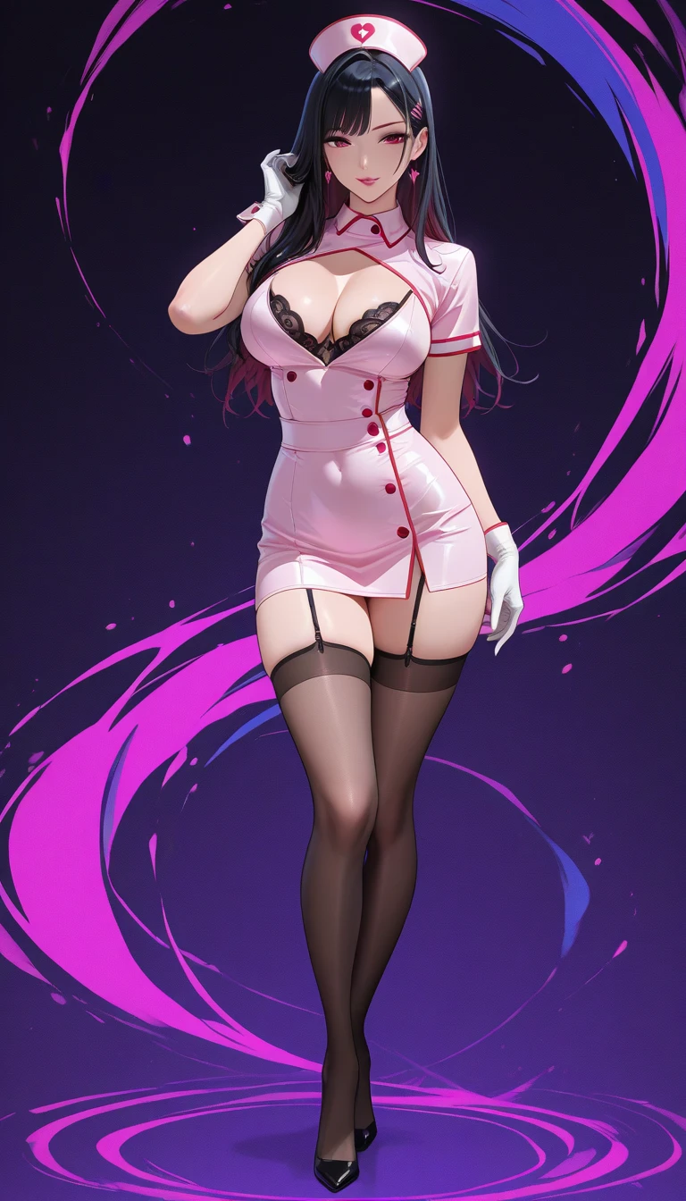((Highest quality)), ((masterpiece)), (Familiar), Hazy, Female,Mature Woman,Purple Hair, short hair, Low Ponytail, eye shadow, lipstick, Red eyes,Red suit shirt,Large Breasts,I can see her cleavage,Red and black jacket, White tight skirt,Red Heels