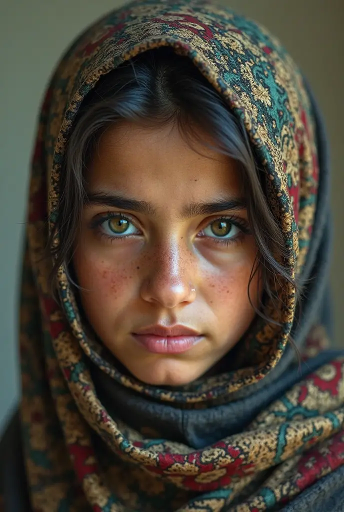 realistic photograph, nobel prize, portrait of an afghan girl with piercing green eyes, wearing a red scarf, looking at viewer, highly detailed, skin pores, detailed skin, national geopgraphic, dark and gritty, sitting, looking to the side at viewer, turning head, gritty, film grain,