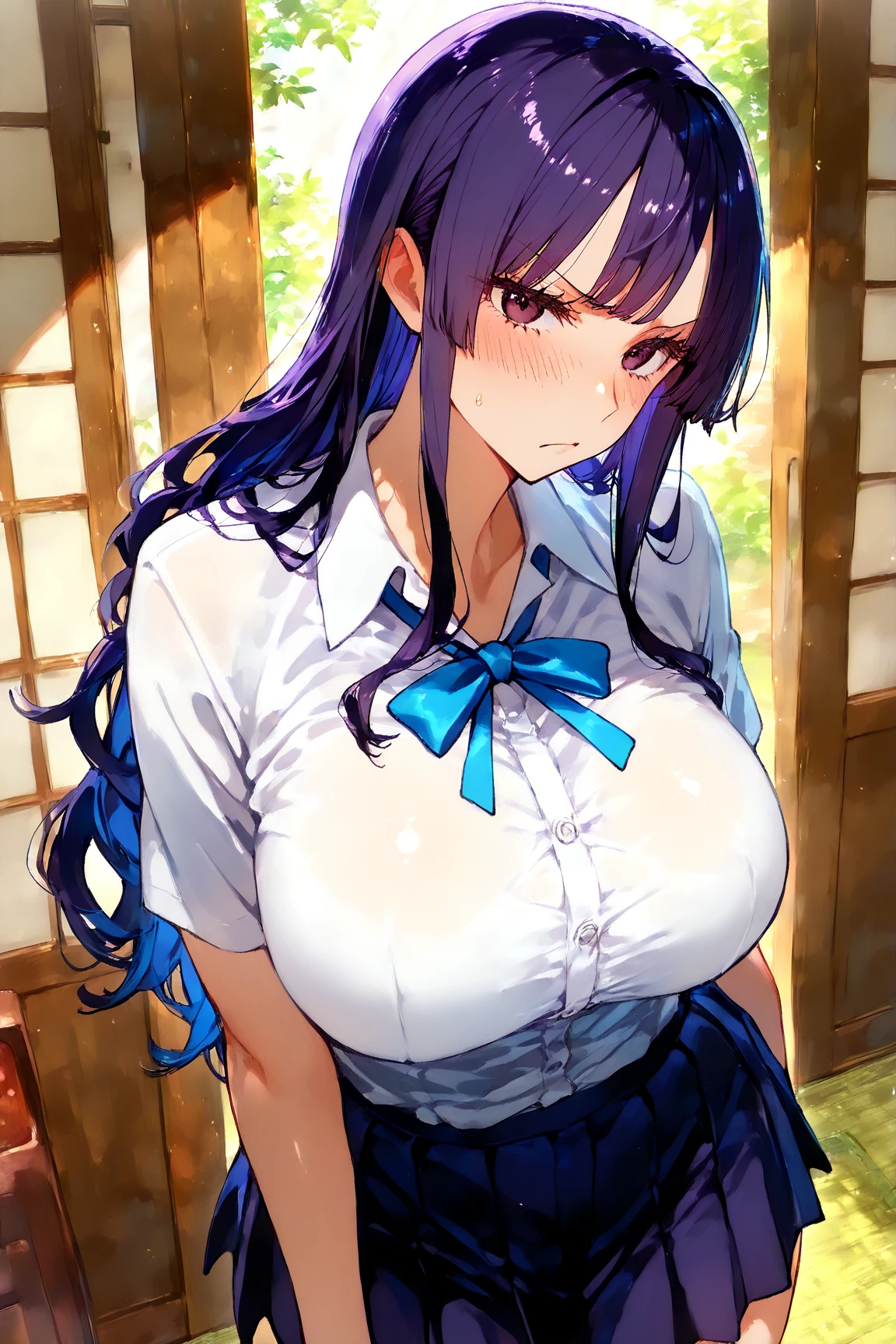 A closeup of a woman with long purple hair and a blue top, an anime drawing inspired by Kusumi Morikage, pixiv, neogeo, seductive anime girl, Misato Katsuragi, Ecchi anime style, oppai, Yuri Misaki, anime moe art style, beautiful seductive anime teen, big breasts!, Rumiko