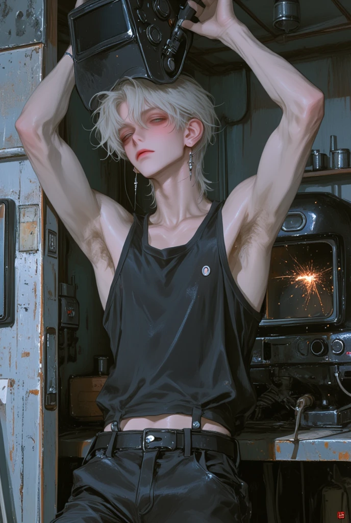 a handsome attractive slender vampire man, short  wavy silver hair, reddish eyes, goatee, muscular torso, livid pale skin, black dress pants with some cuts on the sides, white t-shirt with red spots on the collar, background a dusty basement with a box of iron and wood