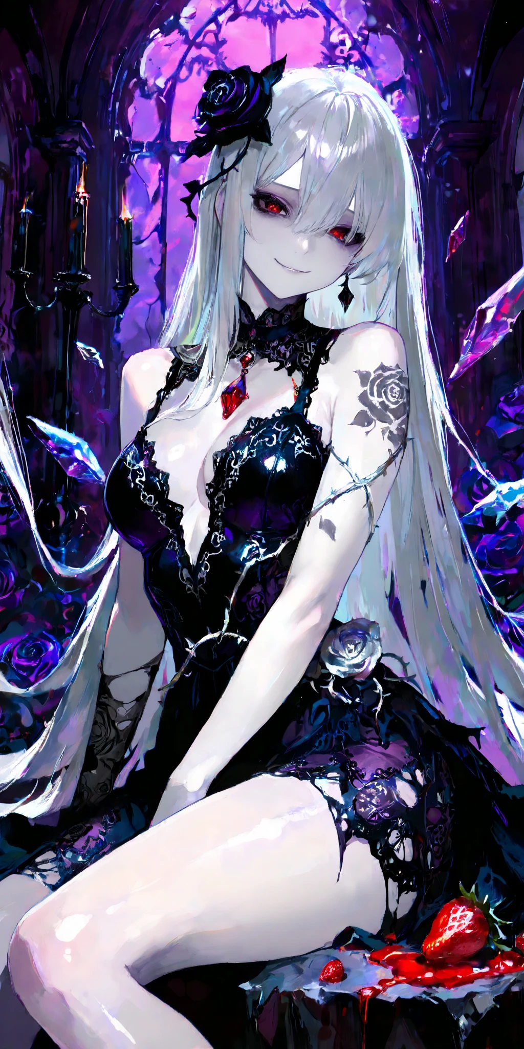 silber hair，butterflys，Long gray hair，8k wallpaper，detailedbackground，Highest resolution，Deep V large breasts，hair covering one eye，Bando，Church background，purple roses，Tight，themoon，