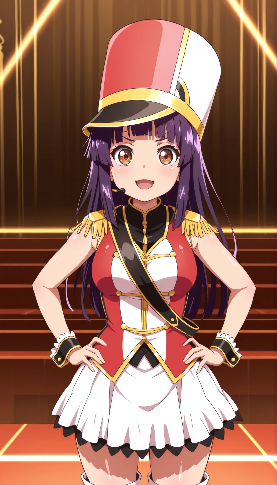 score_9, score_8_up, score_7_up, source_anime, solo, 1girl, looking at viewer, absurdres,highres,masterpiece,best quality,amazing quality, ultra detailed anime style, anime coloring, shiny skin, perfect eyes,detail1eye,well-defined fingers, AoiIzumizawa, brown eyes, purple hair, long hair,  blunt bangs, antenna hair,  medium breasts, kokorohhw, hhw skirt, hhw shako cap, hhw band uniform, hhw wrist cuffs, hhw thigh boots,serious smile,open mouth, rouge lips ,  ,on stage ,hands on hips,cowboy shot,from front 