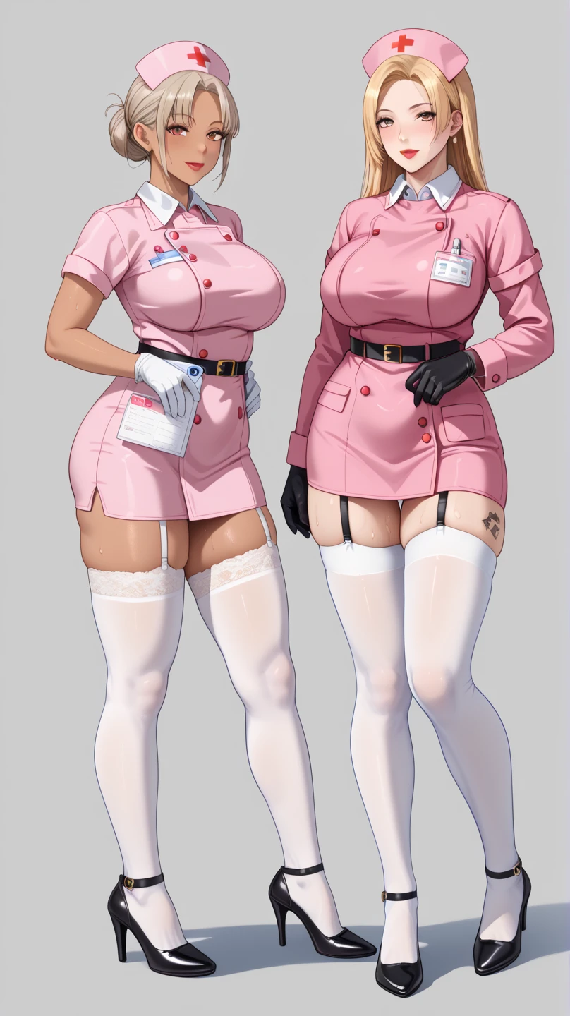 ((masterpiece)),(((best quality))),((character design sheet)),((rough sketch)),((vulgar)),(magazin cover)thick thighs,african girl,smile,((between breasts)),pussy juice,((wearing an Wet sexual nurse uniforms and nurse cap)),shirt harf lift,milking