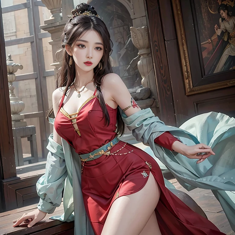 （Red coat：1 silver-haired girl, Kneeling Pose）， tmasterpiece， best qualtiy， RAW photogr， realisticlying， faces， incredibly absurd res， Beautiful elf beauty， Ear studs，whole body Dripping wet， (Long silver hair)， (Red Wedding Dress+)，Chinese Silk Long Dress，(Red cloth shoes，Embroidered cloth shoes+)，depth of fields， hight resolution， ultra - detailed， Filigree， RAWE is very detailed， extremely detailed eye and face， Sharp pupils， pupil realistic， tack sharp focus， cinmatic lighting，full body Esbian，large boob，long legged，from the front side，Ancient Chinese town，lanthanum，Tanabata，All Home Lights，Faint red glow，dynamicposes