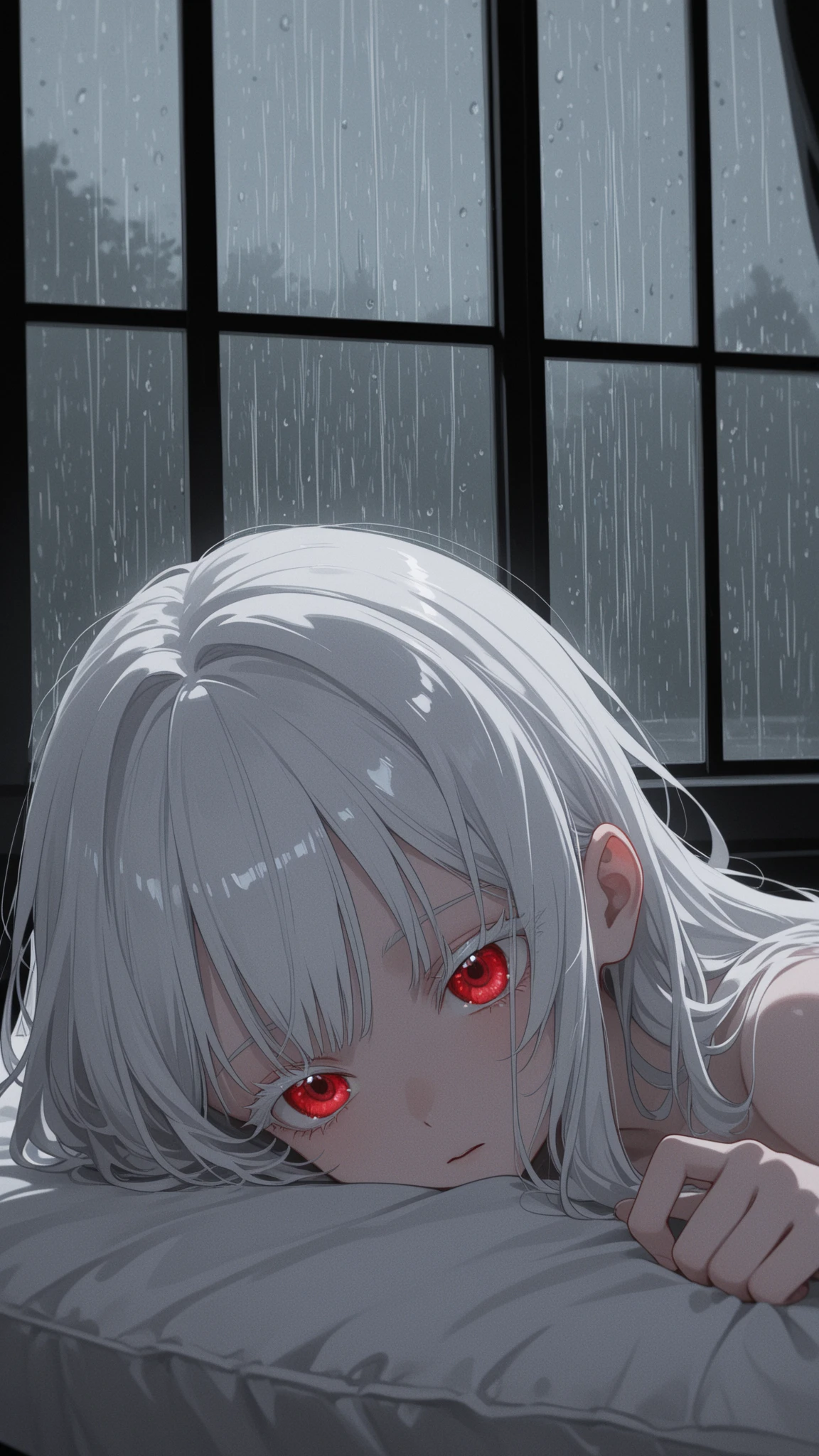 (masterpiece), best quality, expressive eyes, perfect face, pale skin, red eyes, white hair, short messy hair, (((blushed))), ((deepthroat)), oral, pov view, view from above, naked, (((cum expansion, cum in nose, cum,))), ((heart))