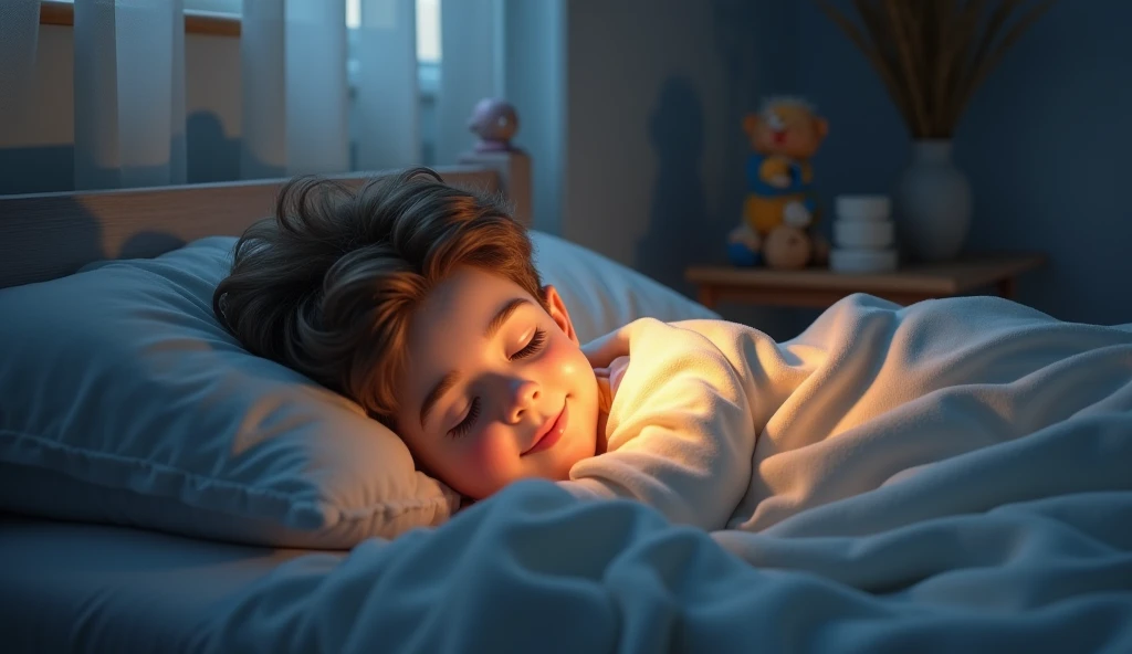 Eight year old boy sleeping in a cot, all covered in summer, in a sweat, with a giant cream croissant as a pillow. Hug a chocolate croissant. The blankets have a repeating pattern with croissants. On the wall there is a wallpaper with the writing on it "ABARABI"