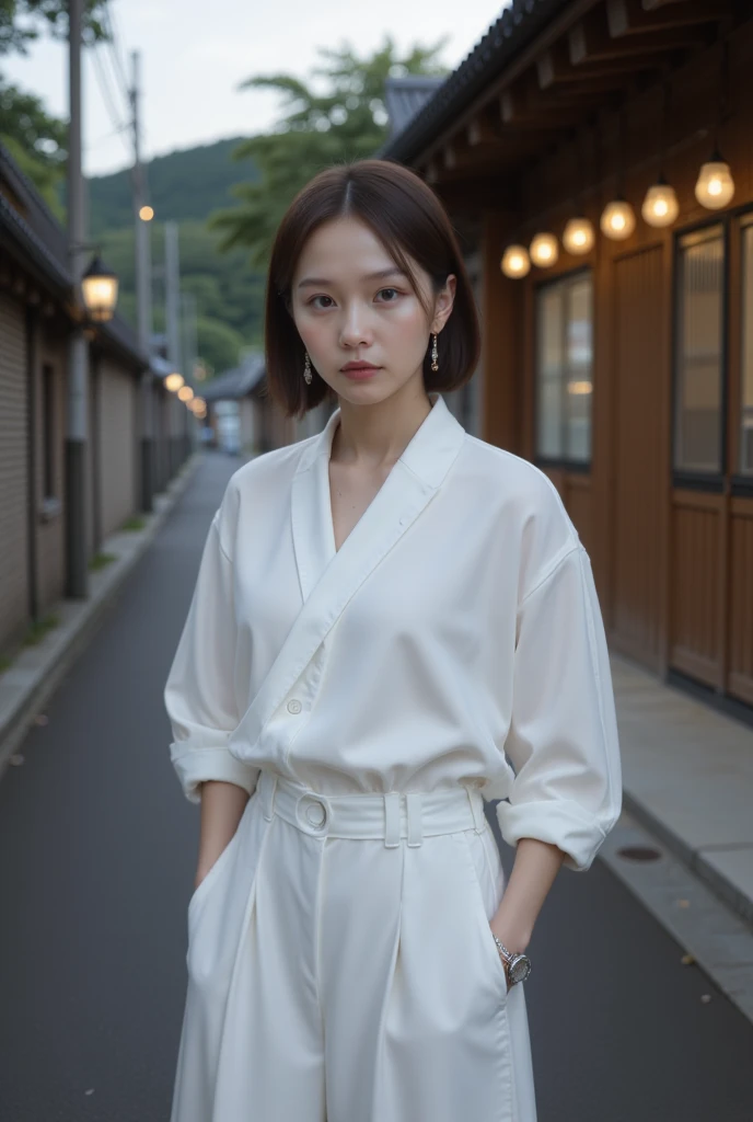 ​masterpiece、1 Beautiful Girl、A detailed face、A detailed eye、Detailed skin、top-quality、japanes、Illuminated from the front with bright lighting、profetional lighting、The background is a little blurry、short-hair、Background is a platform for a London country train station、Costume is white shirt、Amazing smile、Waiting for the train、Wearing a large straw hat、Not facing the front（sideways Facing）、